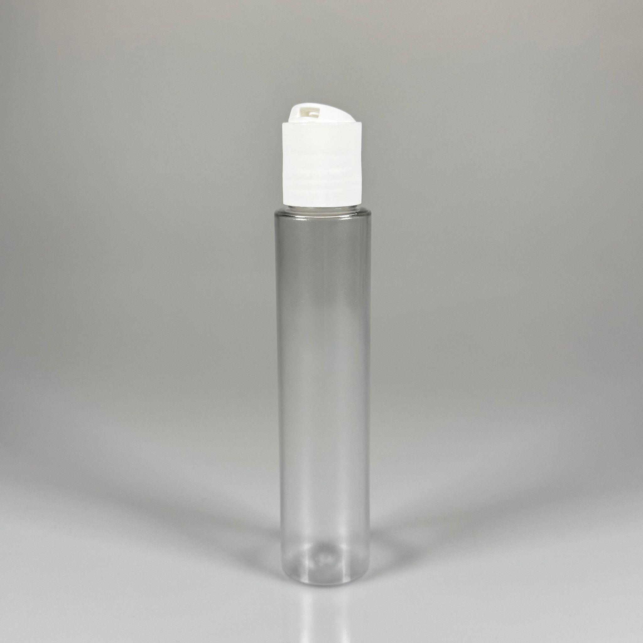 100 CC UZUN SİLİNDİR BUĞULU PET ŞİŞE (24 GR)  - BEYAZ DİSKTOP AKITICI ŞAMPUAN KAPAKLI - 100 ML BİBERİYE SUYU, LAVANTA YAĞI, SAÇ SERUM, TONİK VB İÇİN PLASTİK KOZMETİK AMBALAJLARI