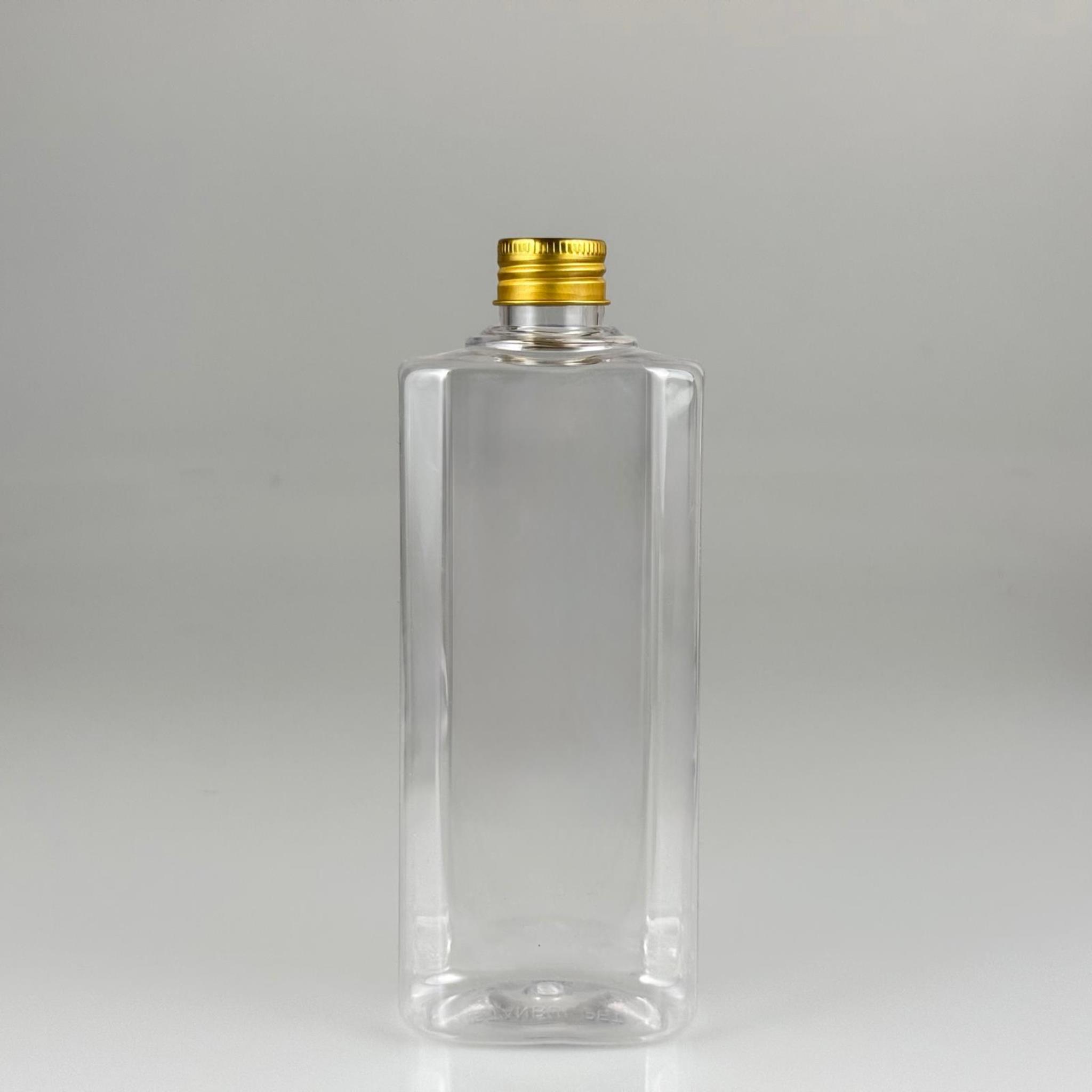 400 CC YASSI MODEL ŞEFFAF PET ŞİŞE (24 AĞIZ) + KÖPÜK CONTALI GOLD METAL ALÜMİNYUM KAPAKLI TAKIM - 400 ML KAPAKLI PLASTİK ŞİŞELER