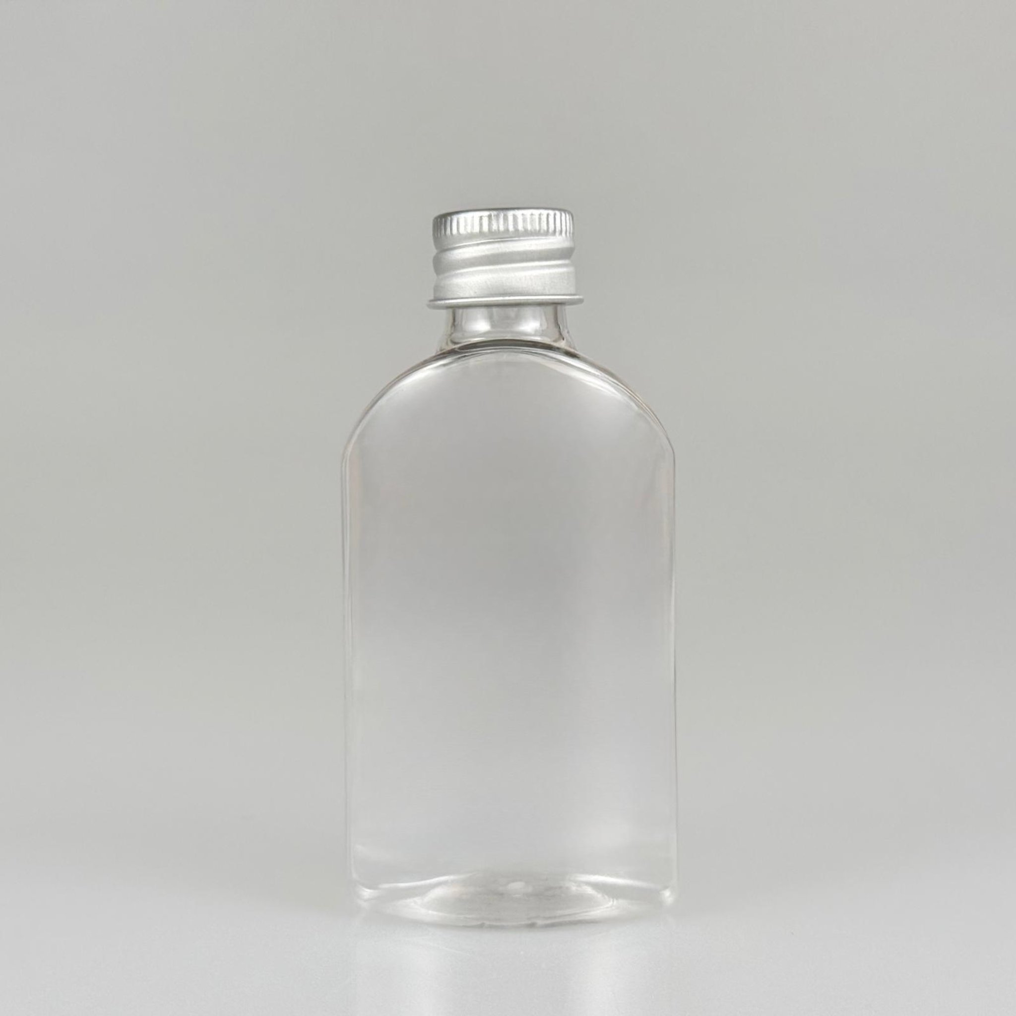 50 CC ŞEFFAF YASSI OVAL MODEL PET ŞİŞE + KÖPÜK CONTALI GÜMÜŞ ALÜMİNYUM METAL KAPAKLI TAKIM - 50 ML PLASTİK ŞİŞE