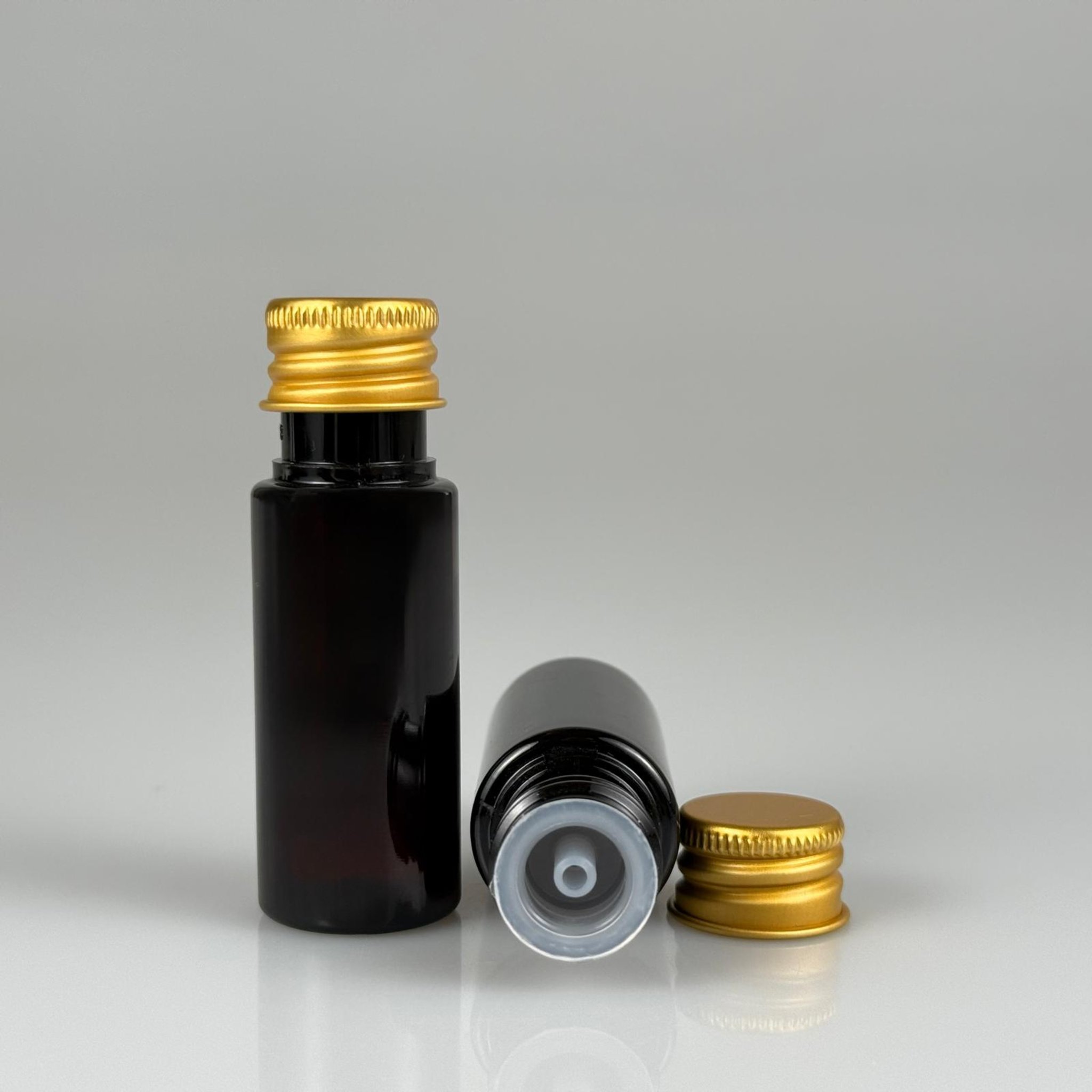 15 CC AMBER SİLİNDİR PET ŞİŞE + KÖPÜK CONTALI GOLD ALÜMİNYUM METAL KAPAKLI + DAMLALIKLI KOLONYA TIPALI TAKIML - 15 ML KAHVERENGİ PET ŞİŞE
