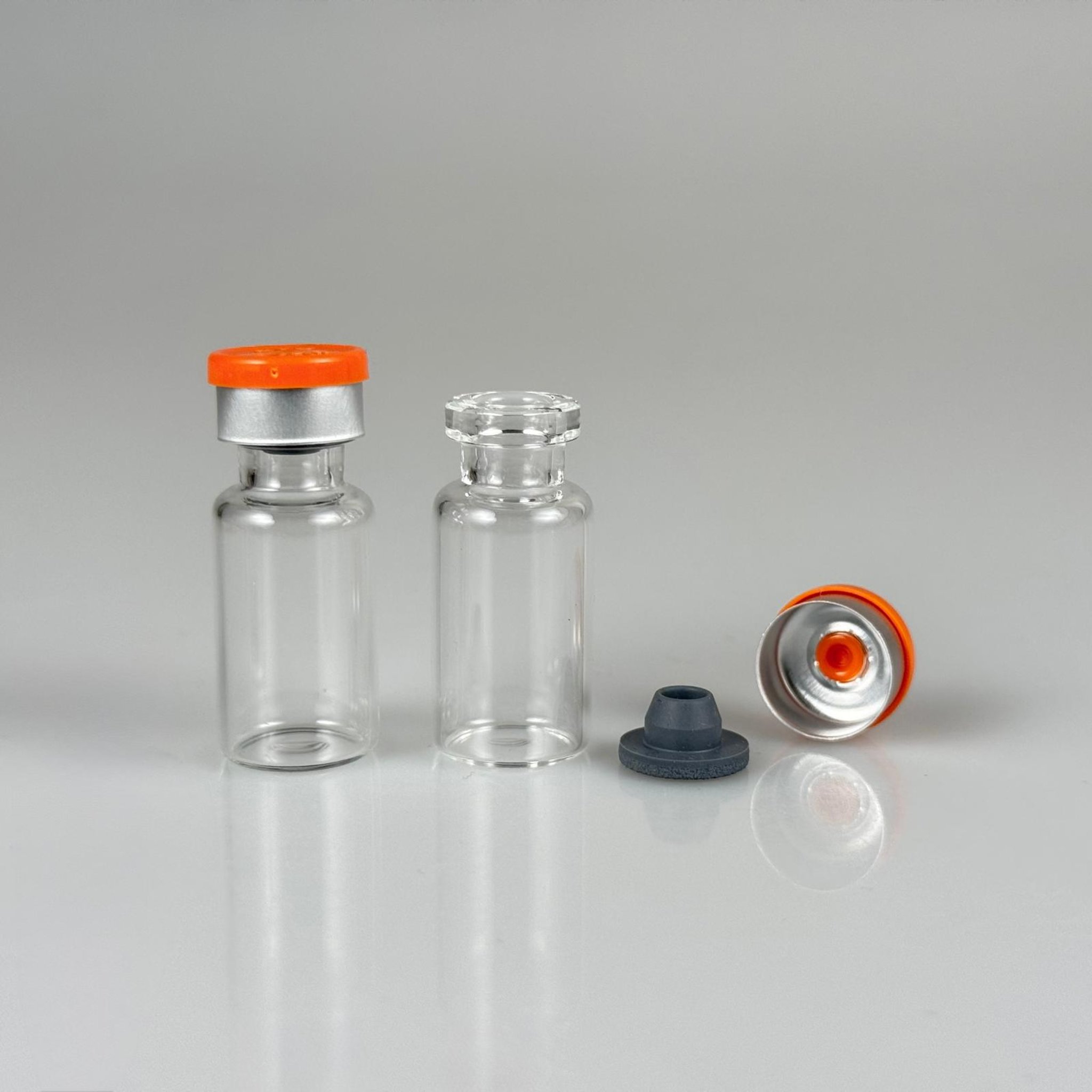 3 ML VİAL FLAKON ŞİŞE- 13 AĞIZ 3 CC ŞEFFAF CAM İLAÇ ŞİŞESİ + KAUÇUK BUTİL ENJEKTÖR TIPASI + TURUNCU FLAKON KAPAKLI TAKIM