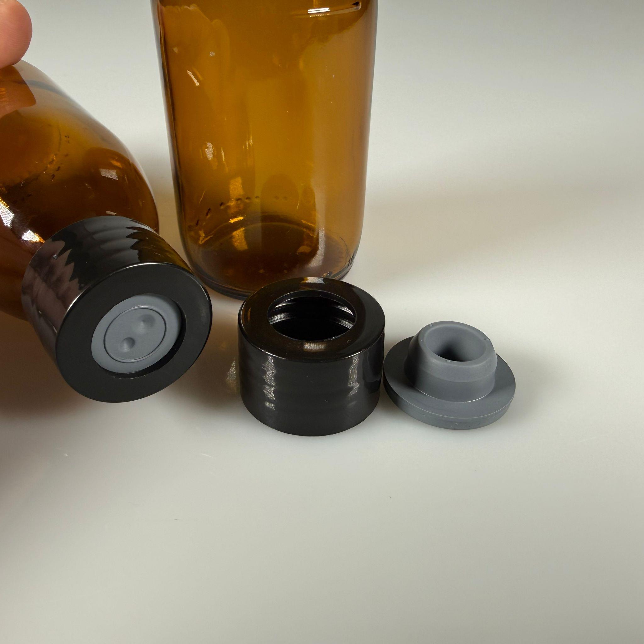 FLAKON ENJEKTÖR SERUM ŞİŞESİ - 125 ML AMBER ECZA CAM ŞİŞE + VİDALI DELİKLİ KAPAK (ELLE ÇEVİREREK KAPANIR) + KAUÇUK BUTİL TIPA TAKIM