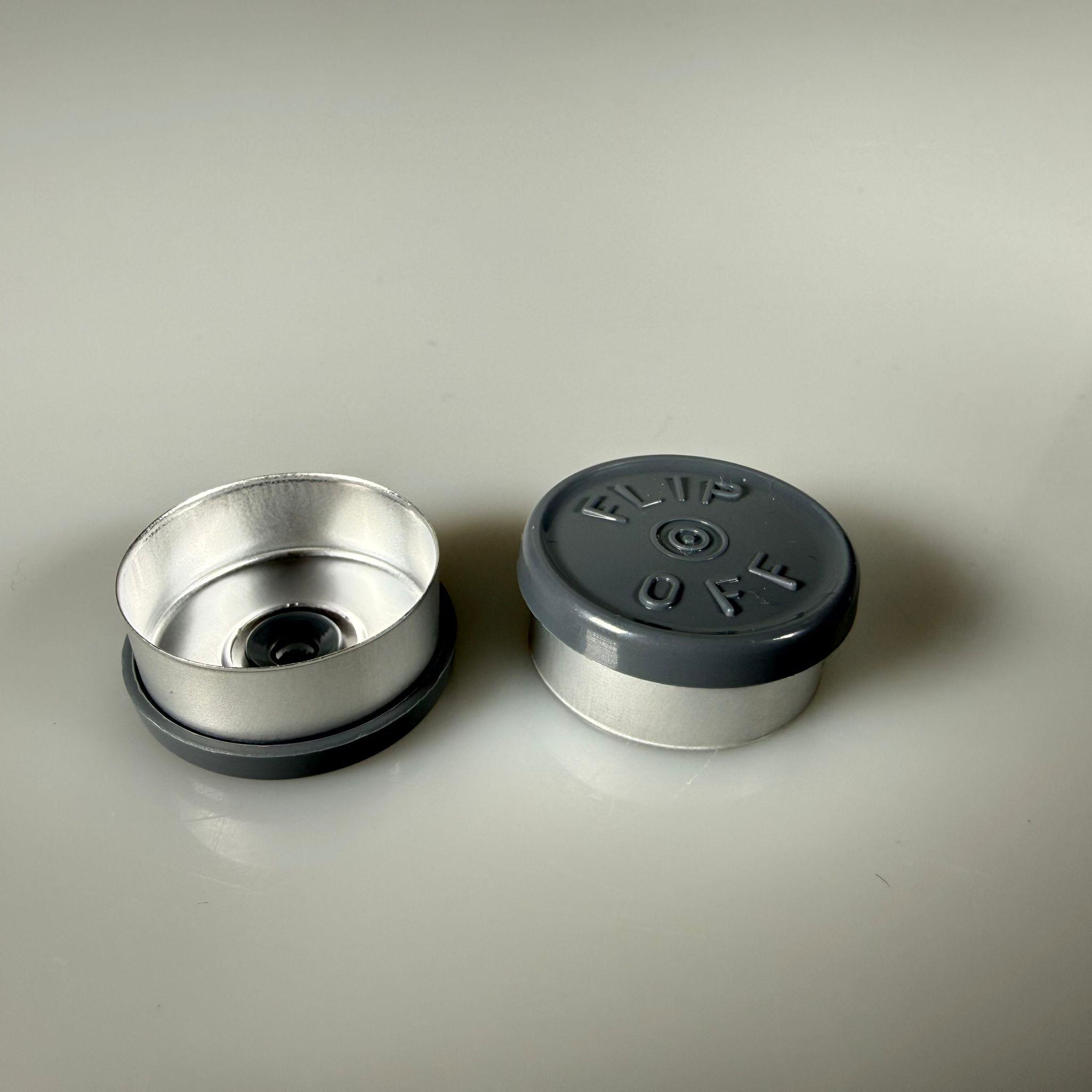 PENİSİLİN ALÜMİNYUM FLAKON KAPAK GRİ ÜSTÜ YAZILI -  20 MM DÜZ RENKLİ FLİP-OFF KAPAK