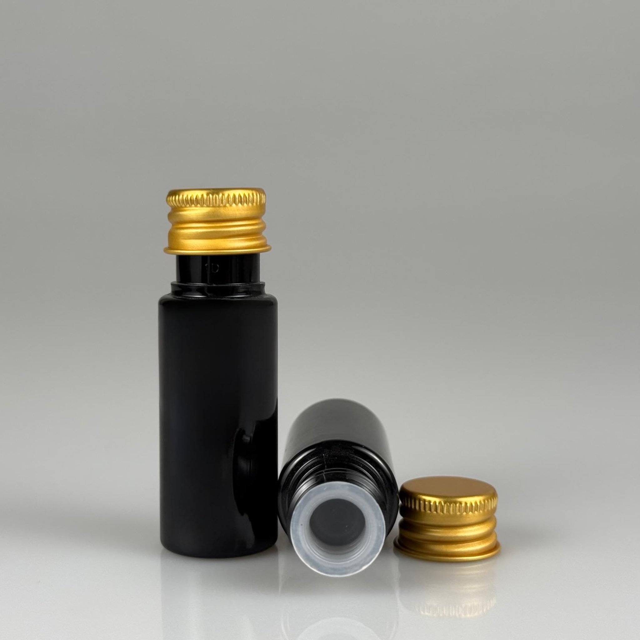 15 CC SİYAH SİLİNDİR PET ŞİŞE + KÖPÜK CONTALI GOLD ALÜMİNYUM METAL KAPAKLI + KÖR TIPALI TAKIML - 15 ML SİYAH PET ŞİŞE
