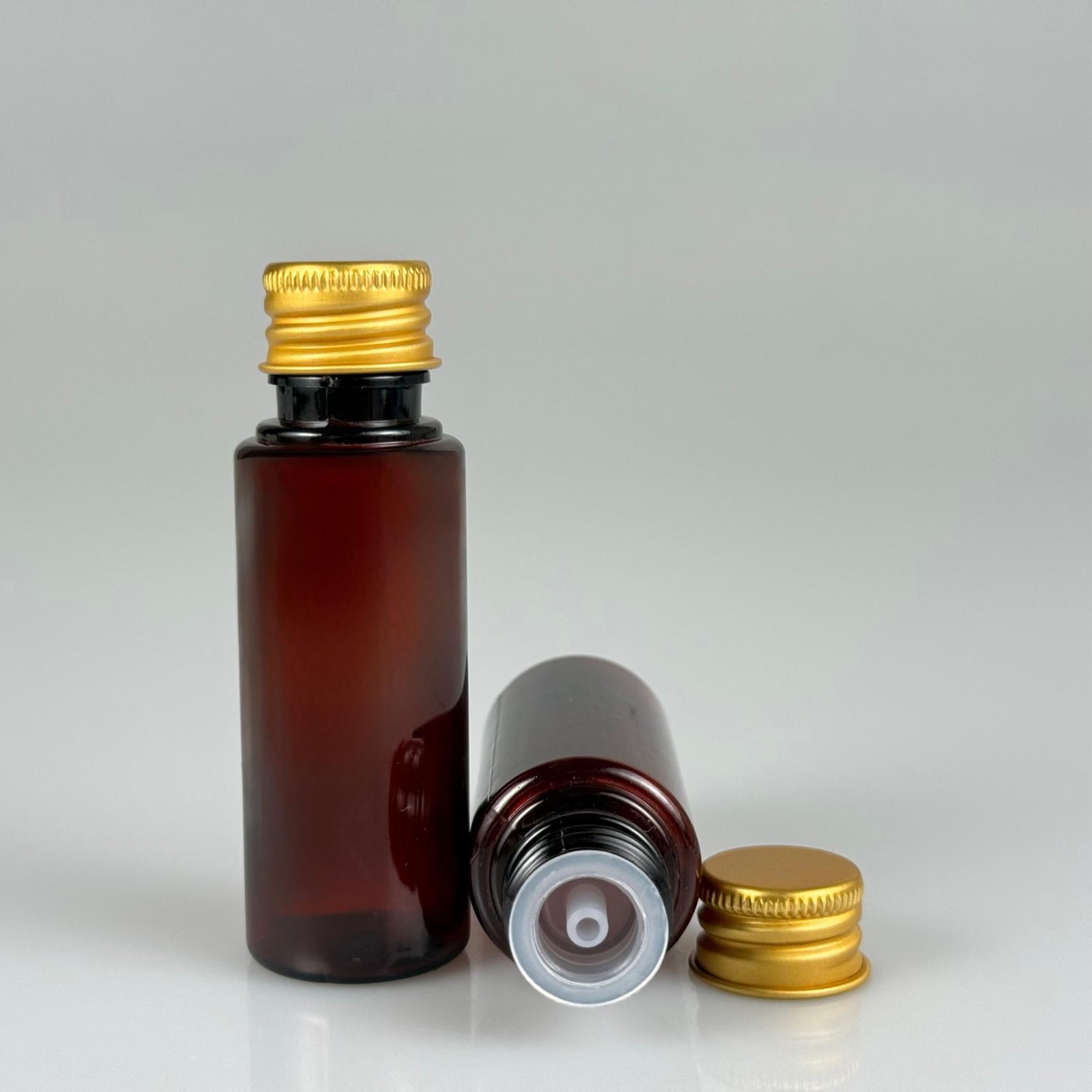 30 CC PET AMBER SHOT ŞİŞE - KÖPÜK CONTALI GOLD ALÜMİNYUM METAL KAPAKLI + DAMLALIKLI KOLONYA TIPALITAKIM - 30 ML KAHVERENGİ PLASTİK ŞİŞE