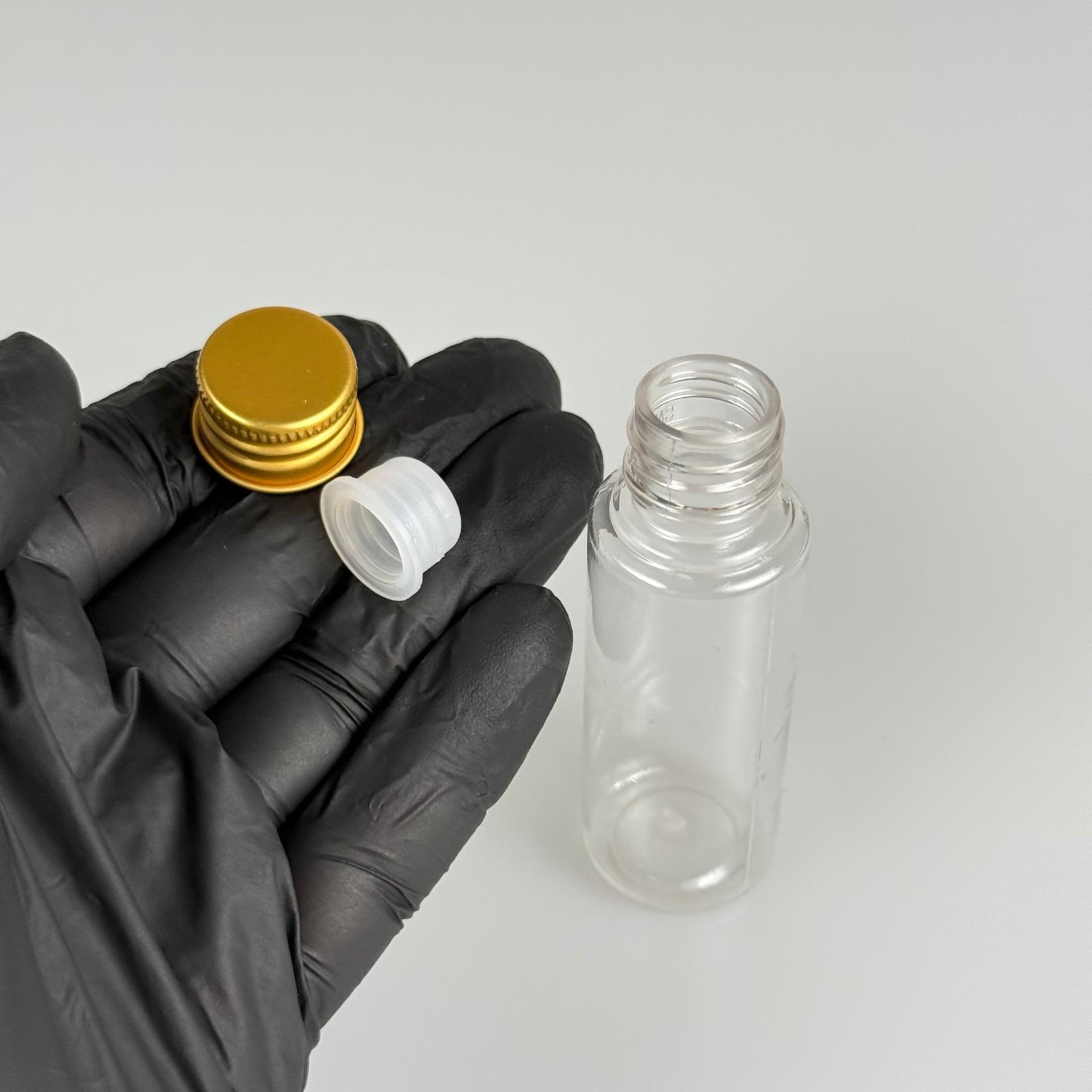 30 CC ŞEFFAF  PET SHOT ŞİŞE - KÖPÜK CONTALI GOLD ALÜMİNYUM METAL KAPAKLI + KÖR TIPALI TAKIM - 30 ML PLASTİK ŞİŞE
