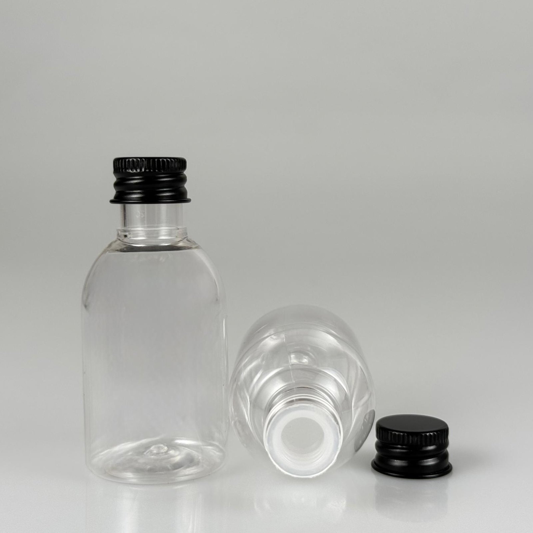 50  CC BUKLET PET ŞİŞE + KÖPÜK CONTALI SİYAH ALÜMİNYUM METAL KAPAKLI + KÖR TIPALI TAKIM - 50 ML PLASTİK ŞİŞE