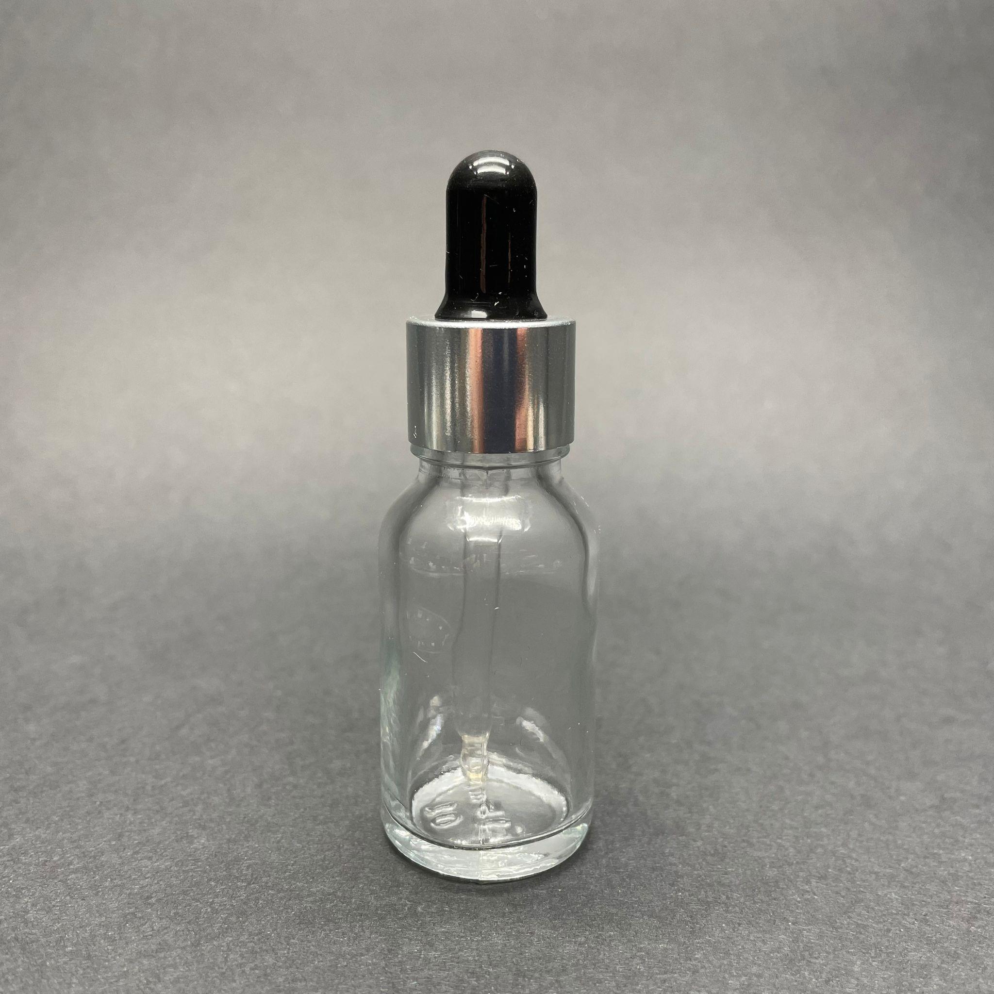 15 CC ŞEFFAF CAM DAMLALIKLI ŞİŞE - SİYAH EMZİK - GÜMÜŞ METAL KAPAK - 15 ML CAM DAMLALIKLI ŞİŞE
