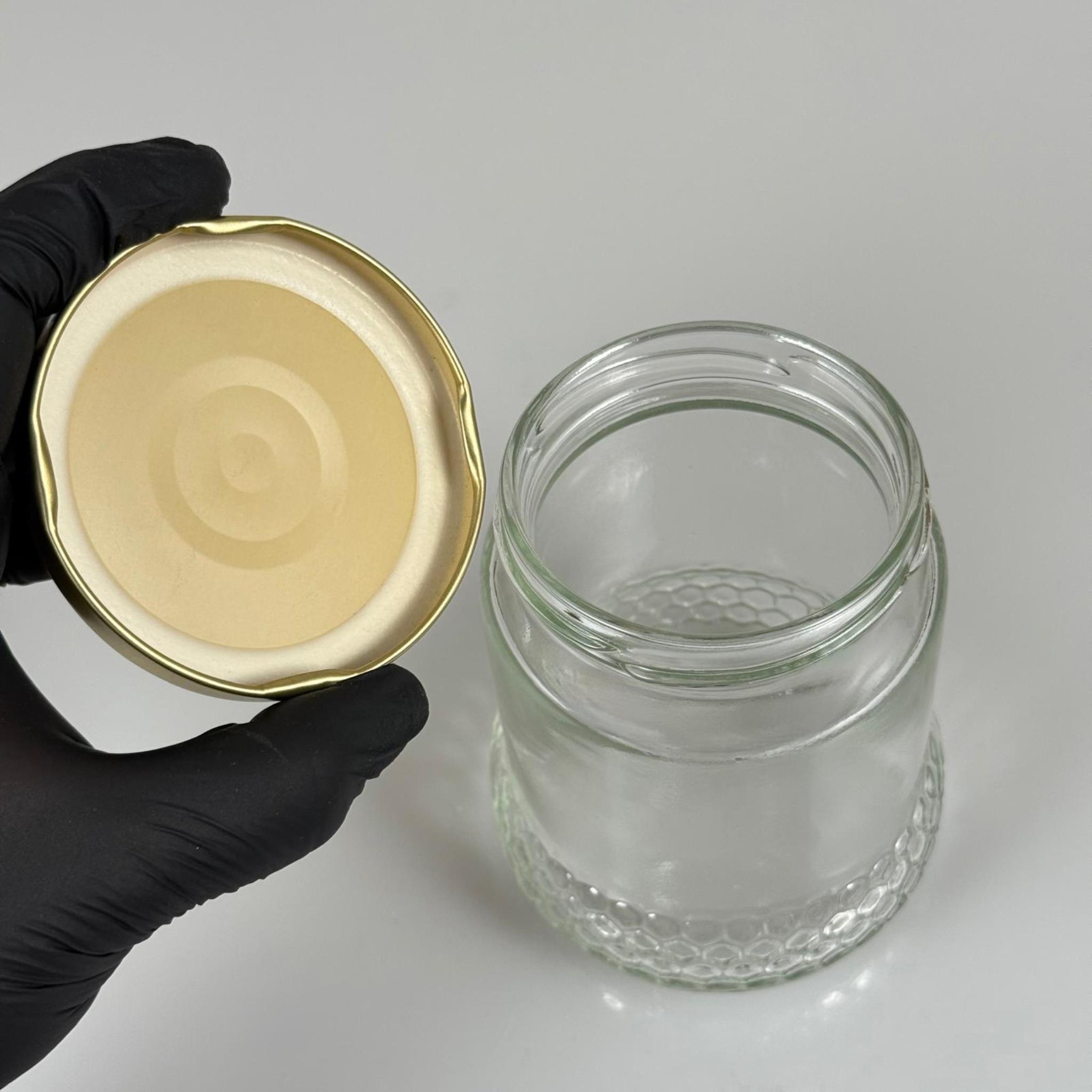 370 CC ÖZEL PETEK ŞEKLİNDE CAM BAL KAVANOZU + GOLD METAL KAPAK