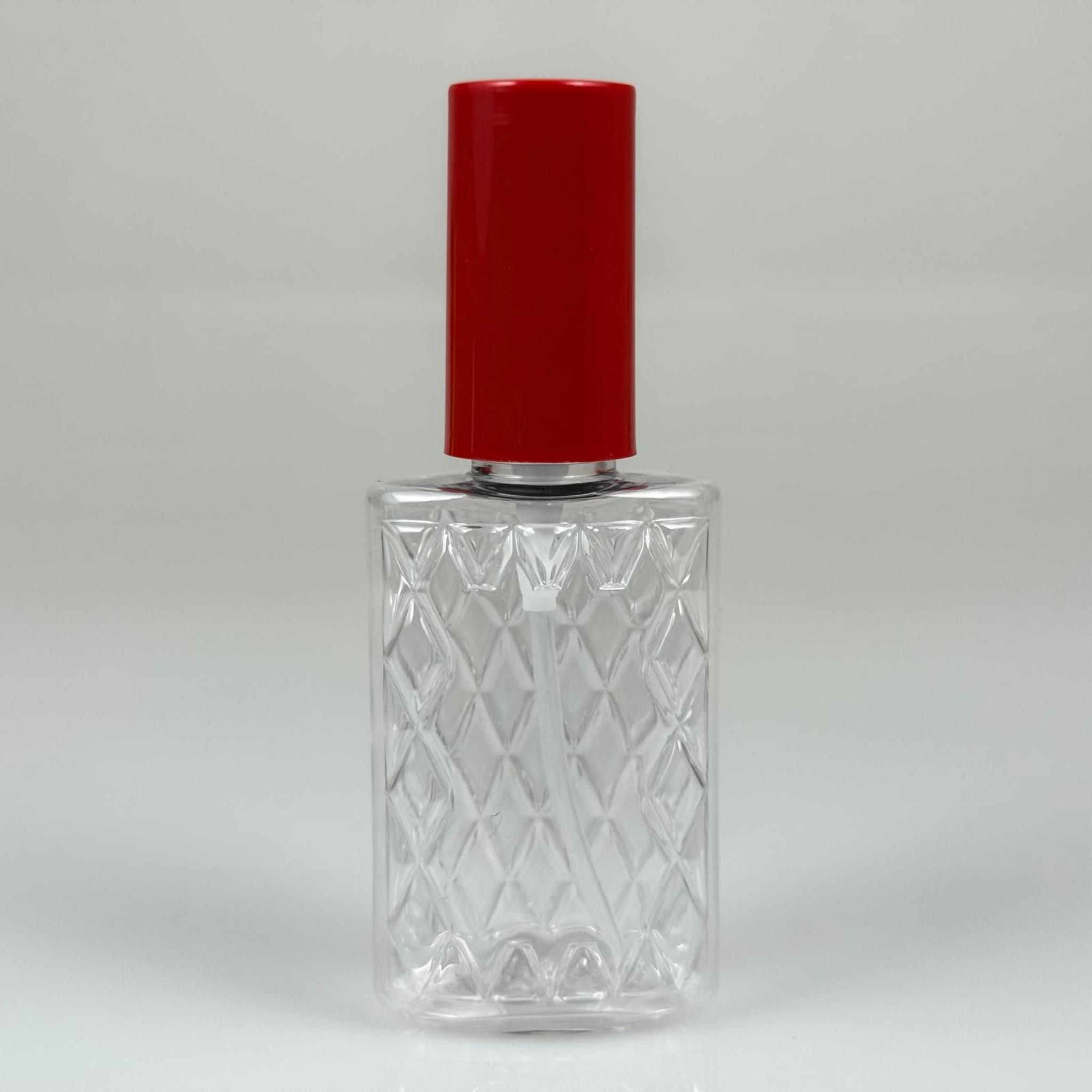 50 CC ŞEFFAF PET KÖŞELİ PARFÜM ŞİŞESİ - SİYAH SPREYLİ - KIRMIZI KORUMA KAPAKLI - 50 ML PLASTİK PARFÜM - KOLONYA ŞİŞESİ