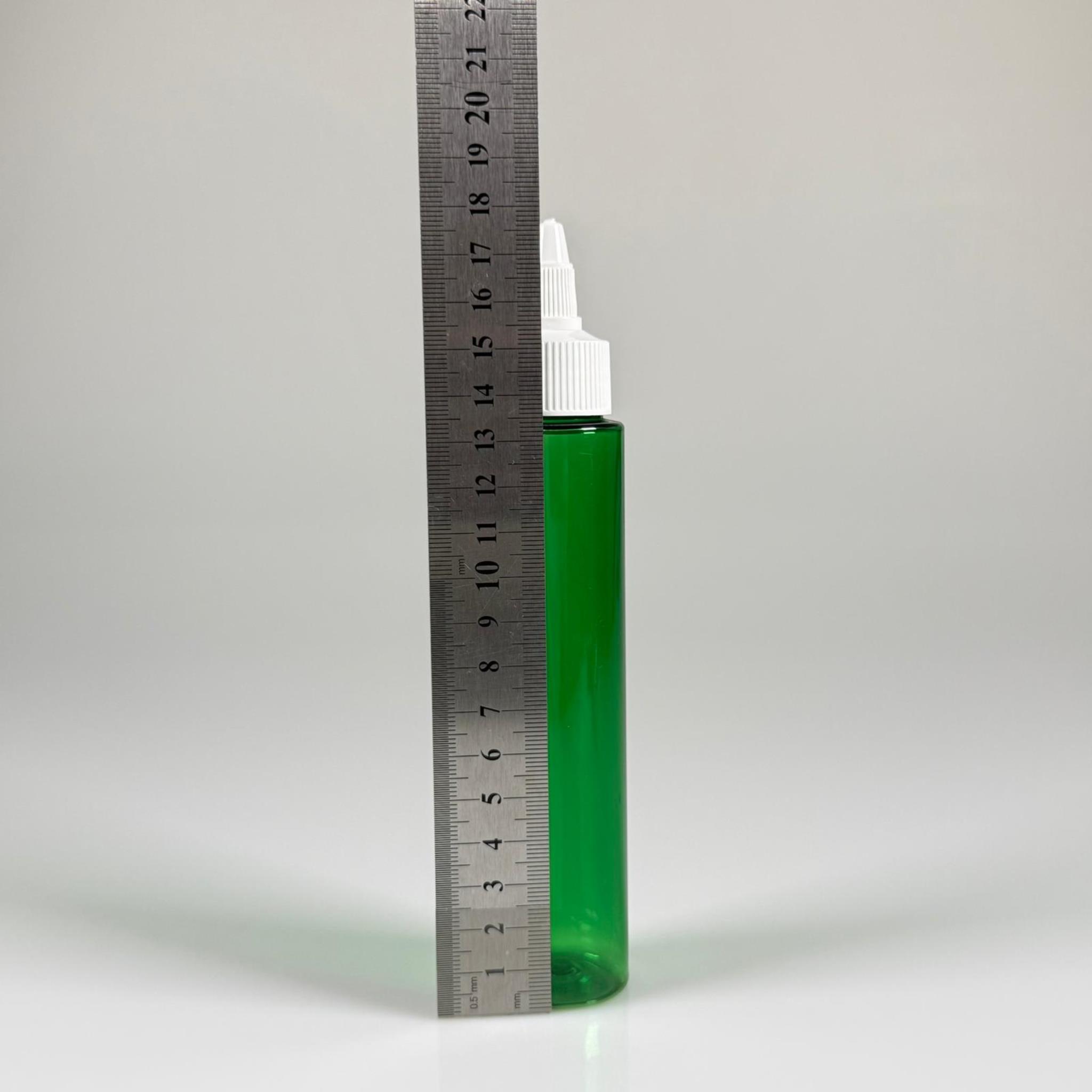 100 CC UZUN SİLİNDİR YEŞİL PET ŞİŞE (24 GR)  - BEYAZ TWİST SİVRİ ASANSÖR AKITICI KAPAKLI - 100 ML BİBERİYE SUYU, LAVANTA YAĞI, SAÇ SERUM, TONİK VB İÇİN PLASTİK KOZMETİK AMBALAJLARI