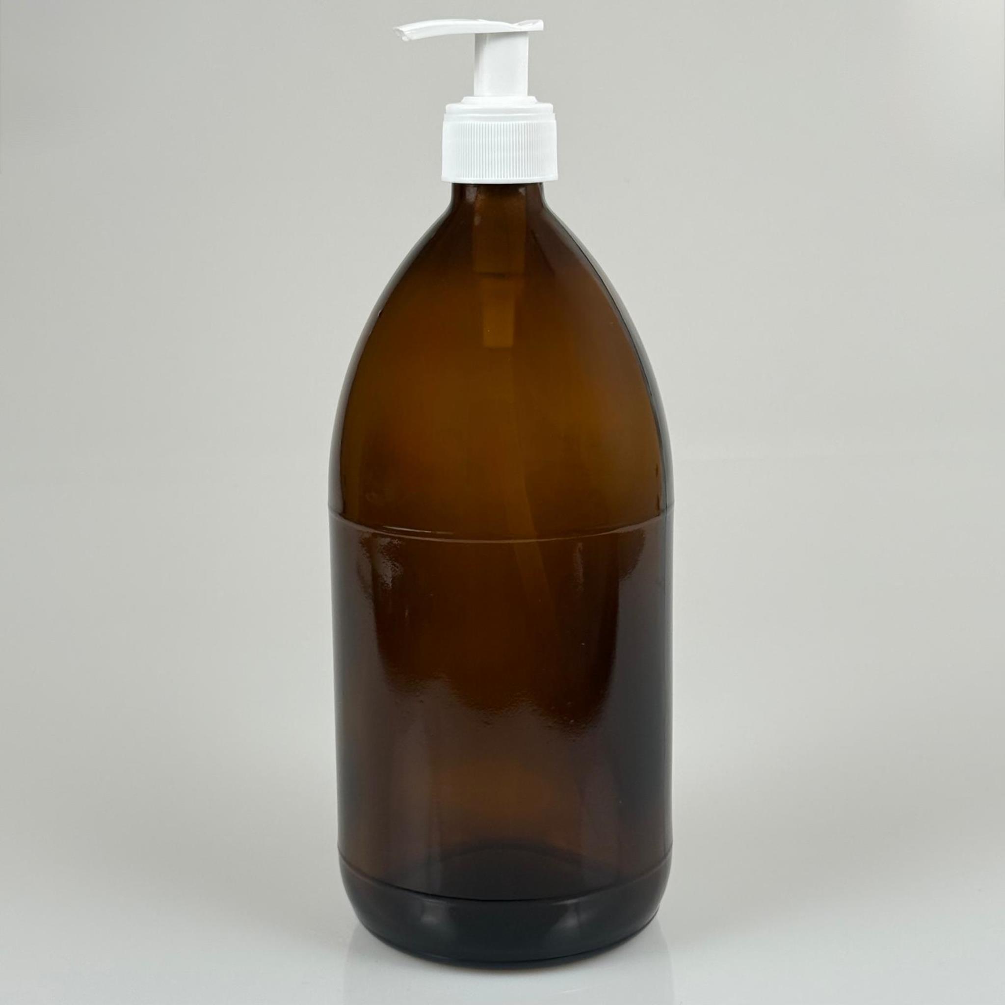 1000 CC AMBER TOMBUL ÖZEL SERİ CAM ŞİŞE - BEYAZ POMPALI - 1000 ML CAM ECZA ŞİŞESİ - KAHVERENGİ