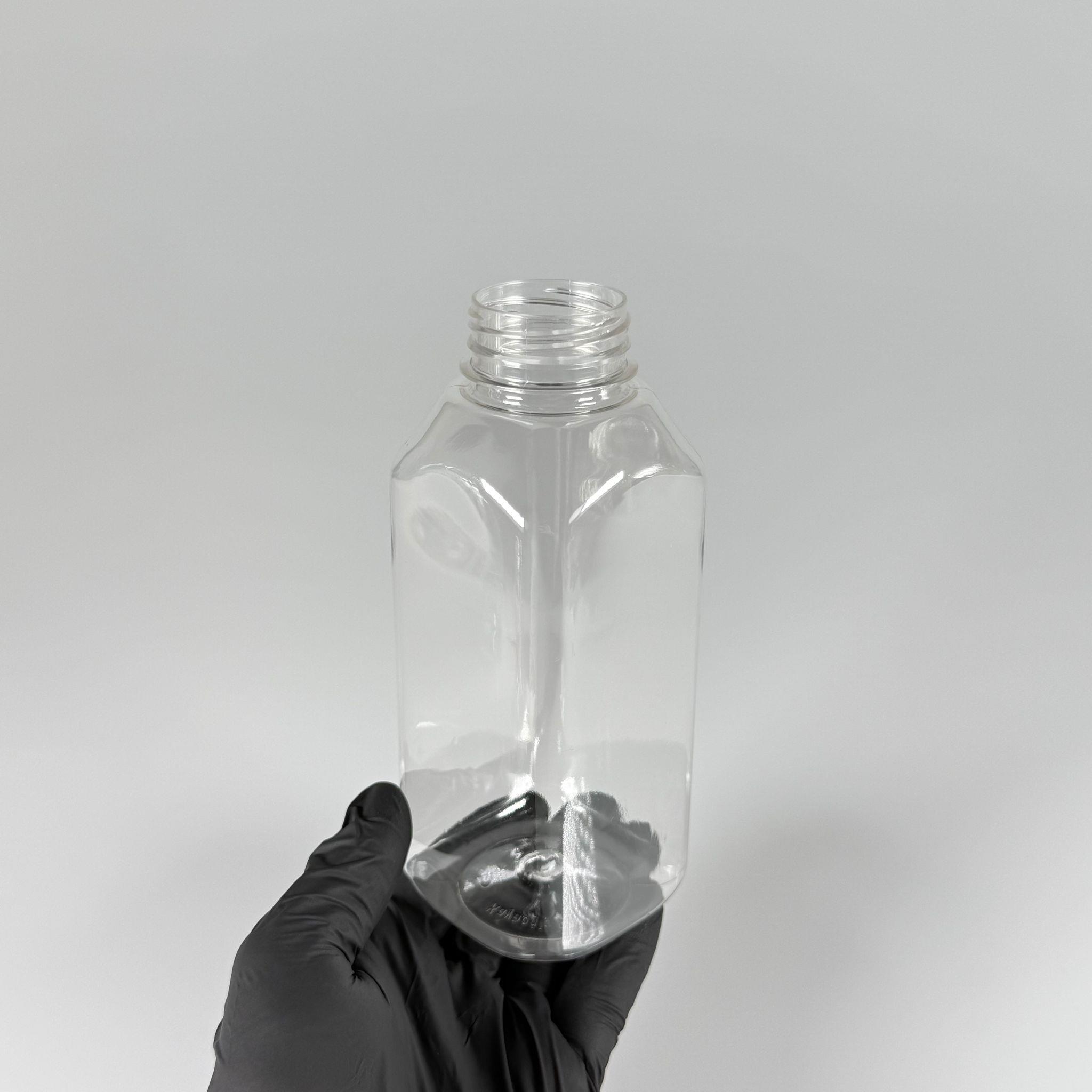 500 CC KÖŞELİ KARE PET ŞİŞE (28 GR) - 38 MM GENİŞ AĞIZLI KAPAKSIZ - 500 ML DETOX, MEYVE SUYU, SMOOTHIE, AYRAN, SÜT, MEŞRUBAT VB İÇİN BOŞ PLASTİK ŞİŞELER