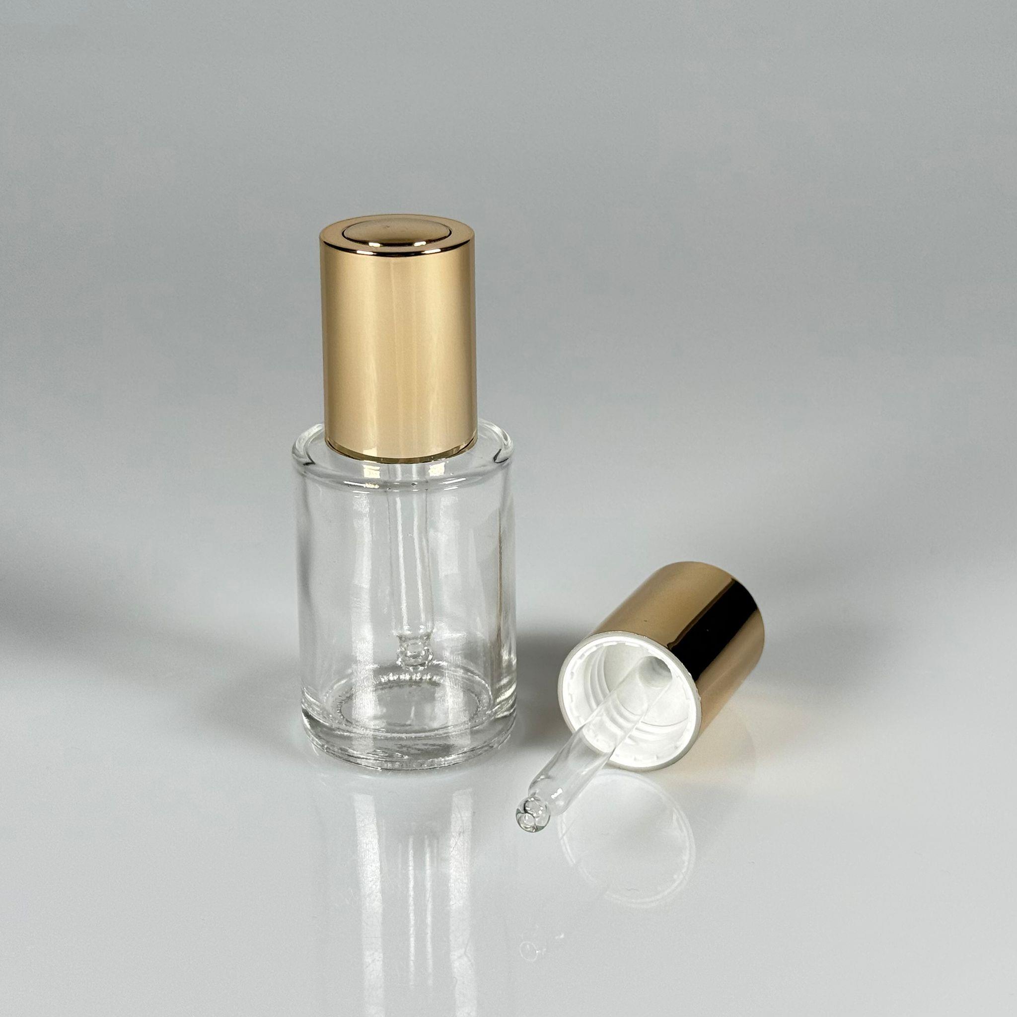 30 CC OMUZLU ŞEFFAF CAM ŞİŞE - LÜX BYORE (ÇEVİRİNCE BUTONU AÇILAN) GOLD CAM DAMLALIKLI TAKIM (DAMLALIĞIN İÇİNDE SIZDIRMAZ CONTA MEVCUTTUR) - 30 ML KÜT BOYUNLU CAM SERUM ŞİŞESİ