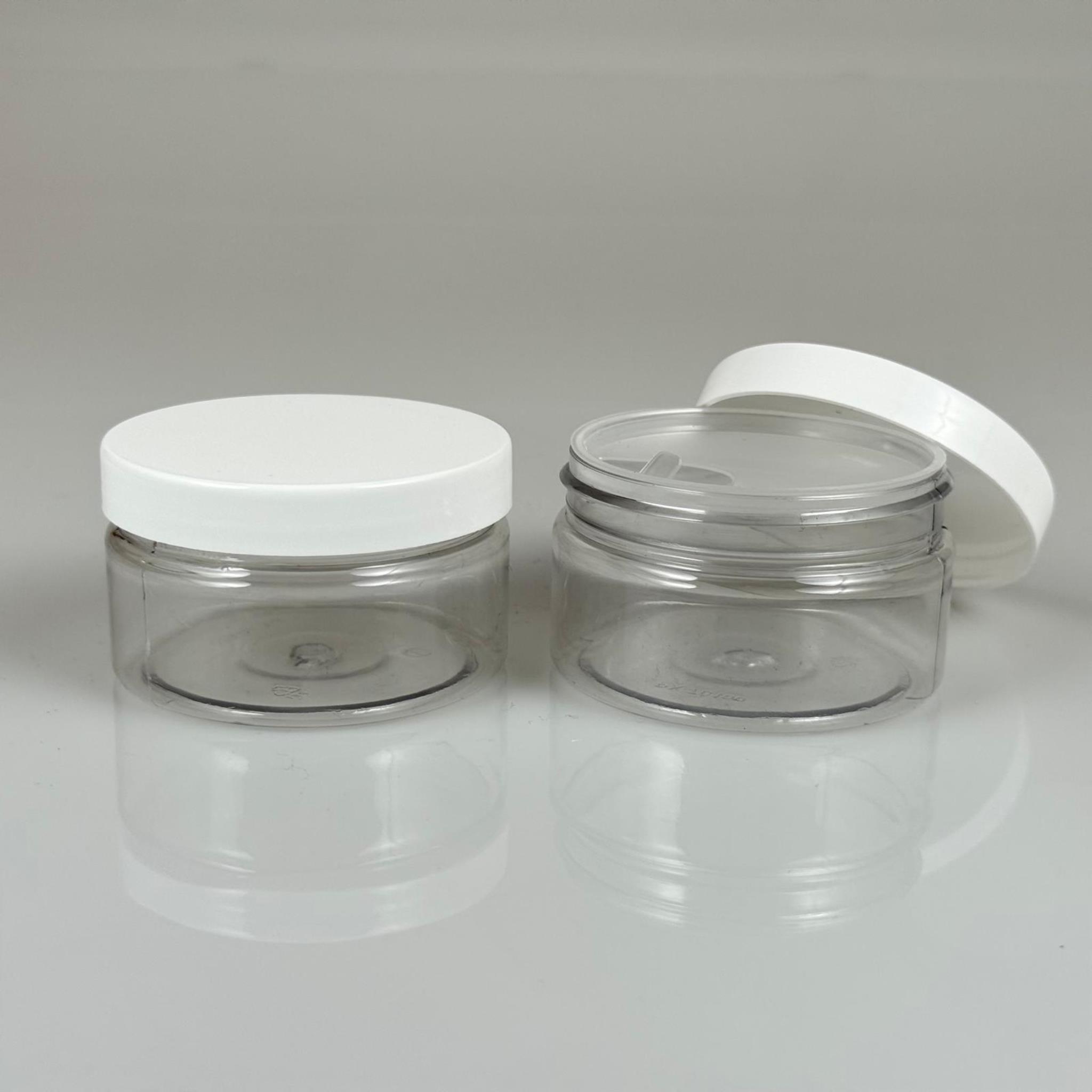 100 ML SERT PET KAVANOZ + BEYAZ PLASTİK KAPAK + İÇ TIPA - 100 CC KALIN ŞEFFAF PLASTİK KAVANOZ BEYAZ PLASTİK KAPAKLI İÇ TIPALI TAKIM - KREM KAVANOZLARI