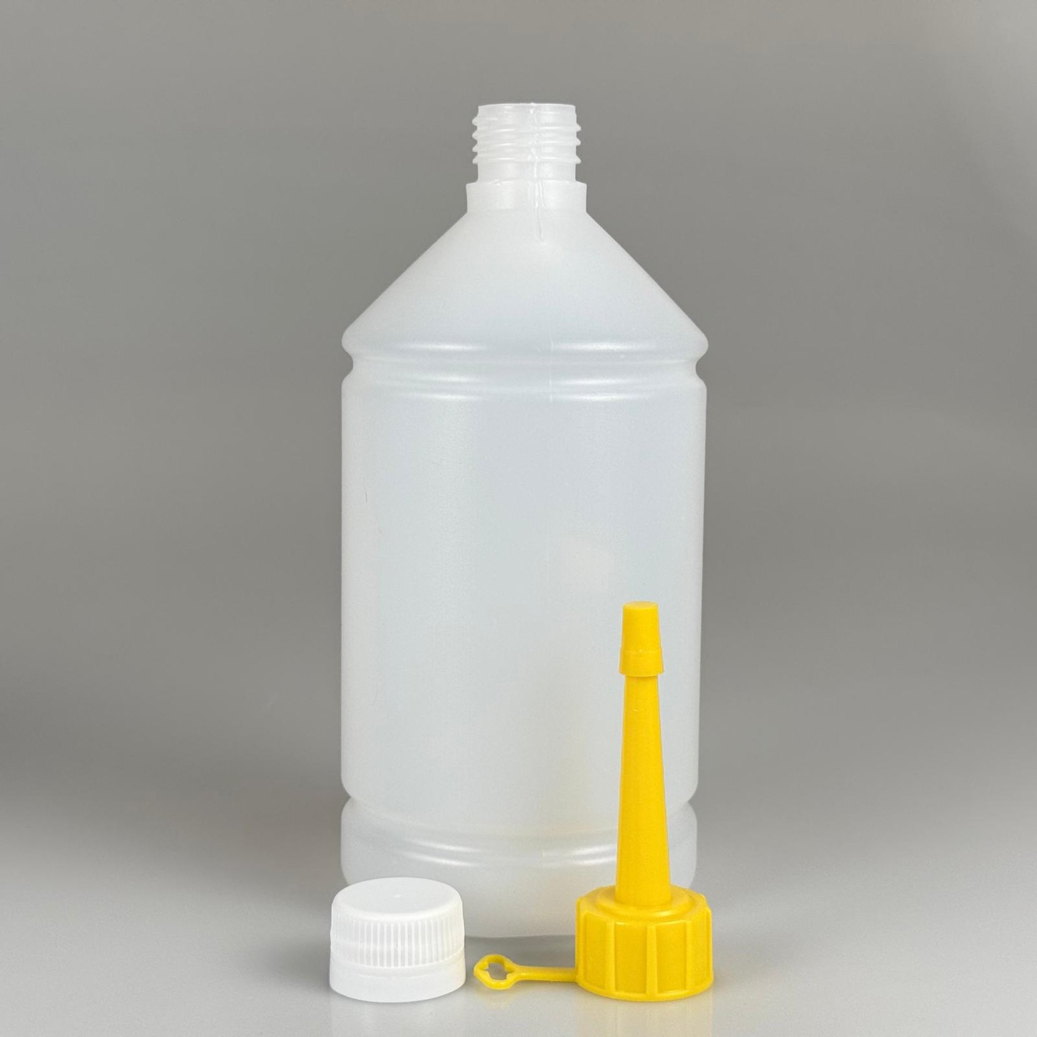 1 LİTRE TİNER ŞİŞESİ - KİLİTLİ CONTALI  BEYAZ KAPAKLI + AKITICILI SİVRİ SARI KARTUŞ KAPAKLI - 1000 ML KİMYASALA DAYANIKLI PLASTİK ŞİŞE - 1 LT POLİETİLEN ŞİŞE TOMBUL