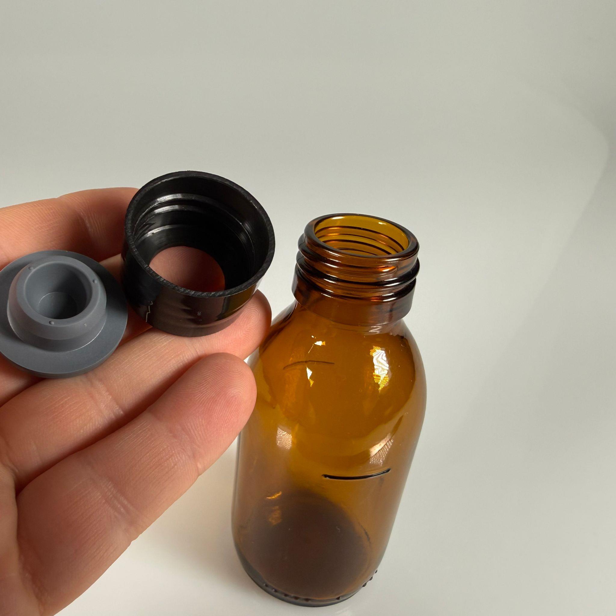 FLAKON ENJEKTÖR SERUM ŞİŞESİ - 100 ML AMBER ECZA CAM ŞİŞE + VİDALI DELİKLİ KAPAK (ELLE ÇEVİREREK KAPANIR) + KAUÇUK BUTİL TIPA TAKIM