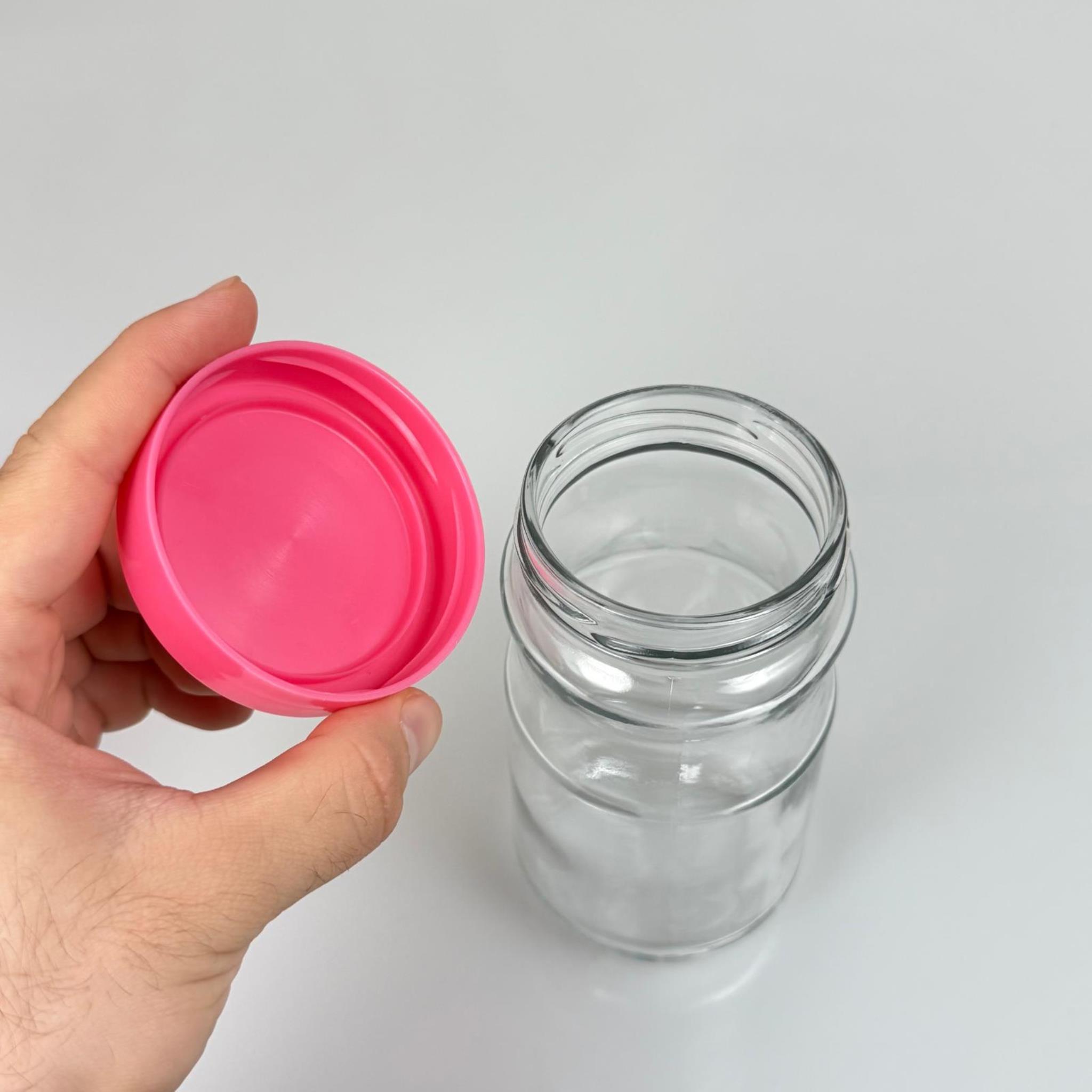 370 CC BOĞUMLU CAM KAVANOZ + PEMBE PLASTİK KAPAK - 370 ML PLASTİK KAPAKLI CAM KAVANOZ