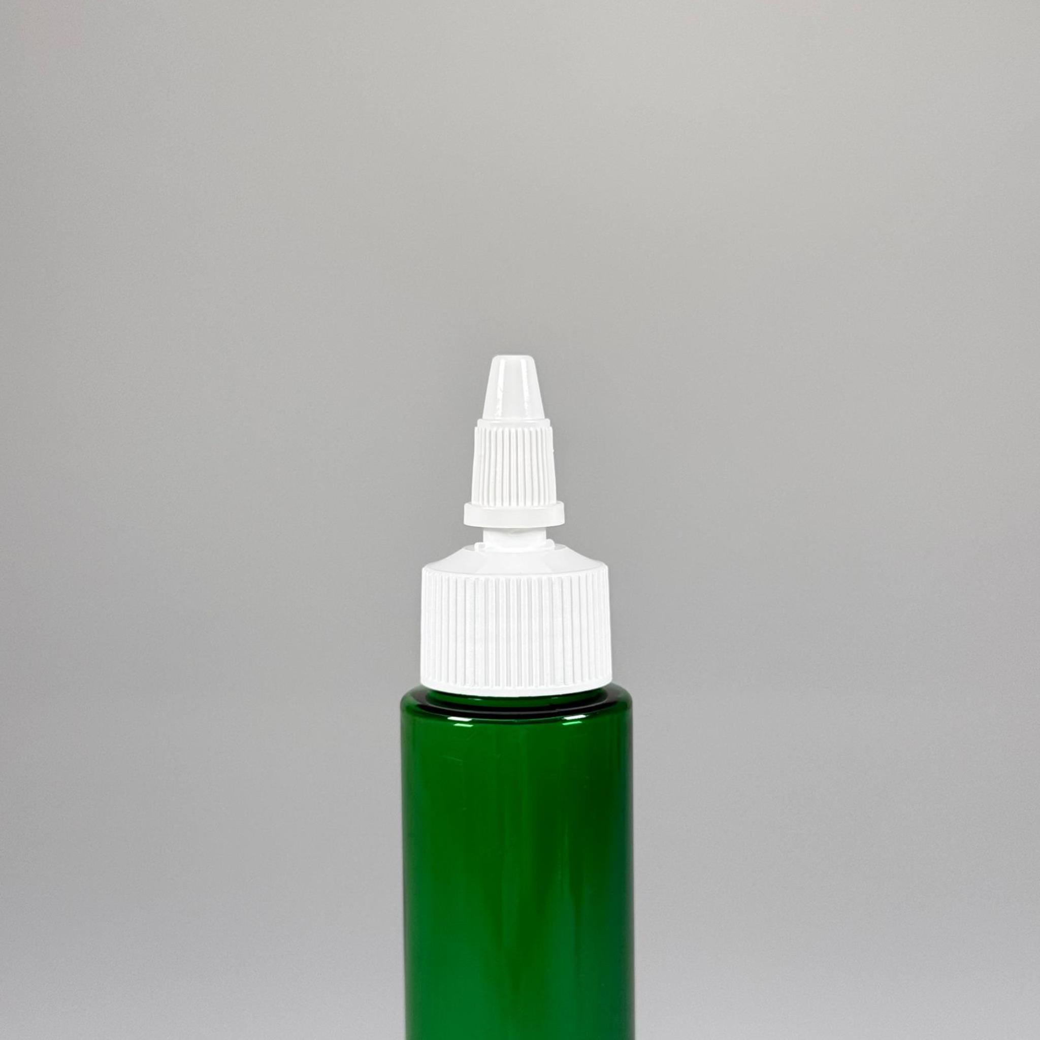 100 CC UZUN SİLİNDİR YEŞİL PET ŞİŞE (24 GR)  - BEYAZ TWİST SİVRİ ASANSÖR AKITICI KAPAKLI - 100 ML BİBERİYE SUYU, LAVANTA YAĞI, SAÇ SERUM, TONİK VB İÇİN PLASTİK KOZMETİK AMBALAJLARI