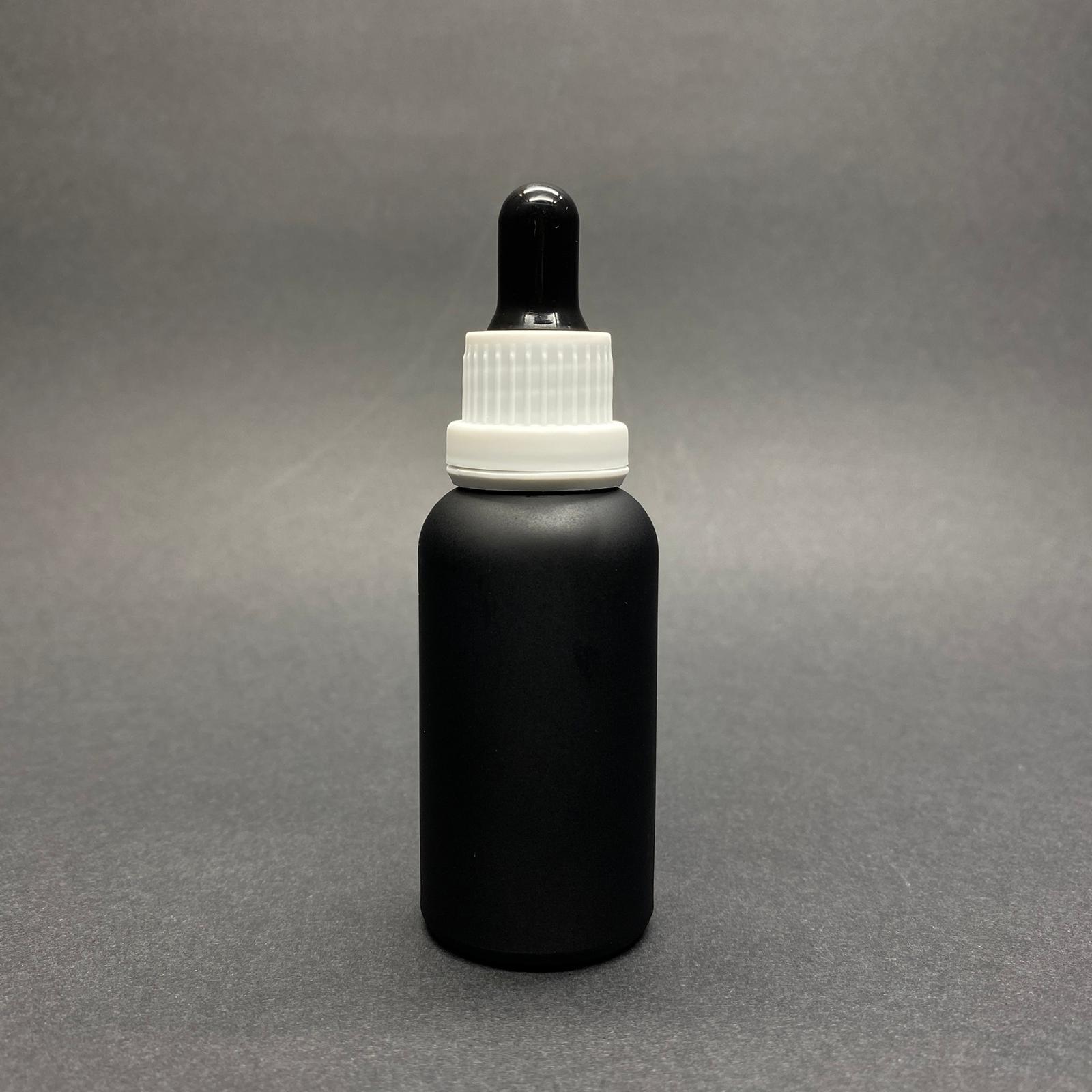 30 CC MAT SİYAH BOYALI CAM DAMLALIKLI ŞİŞE - SİYAH EMZİK - BEYAZ KİLİTLİ KAPAK - 30 ML CAM DAMLALIKLI ŞİŞE