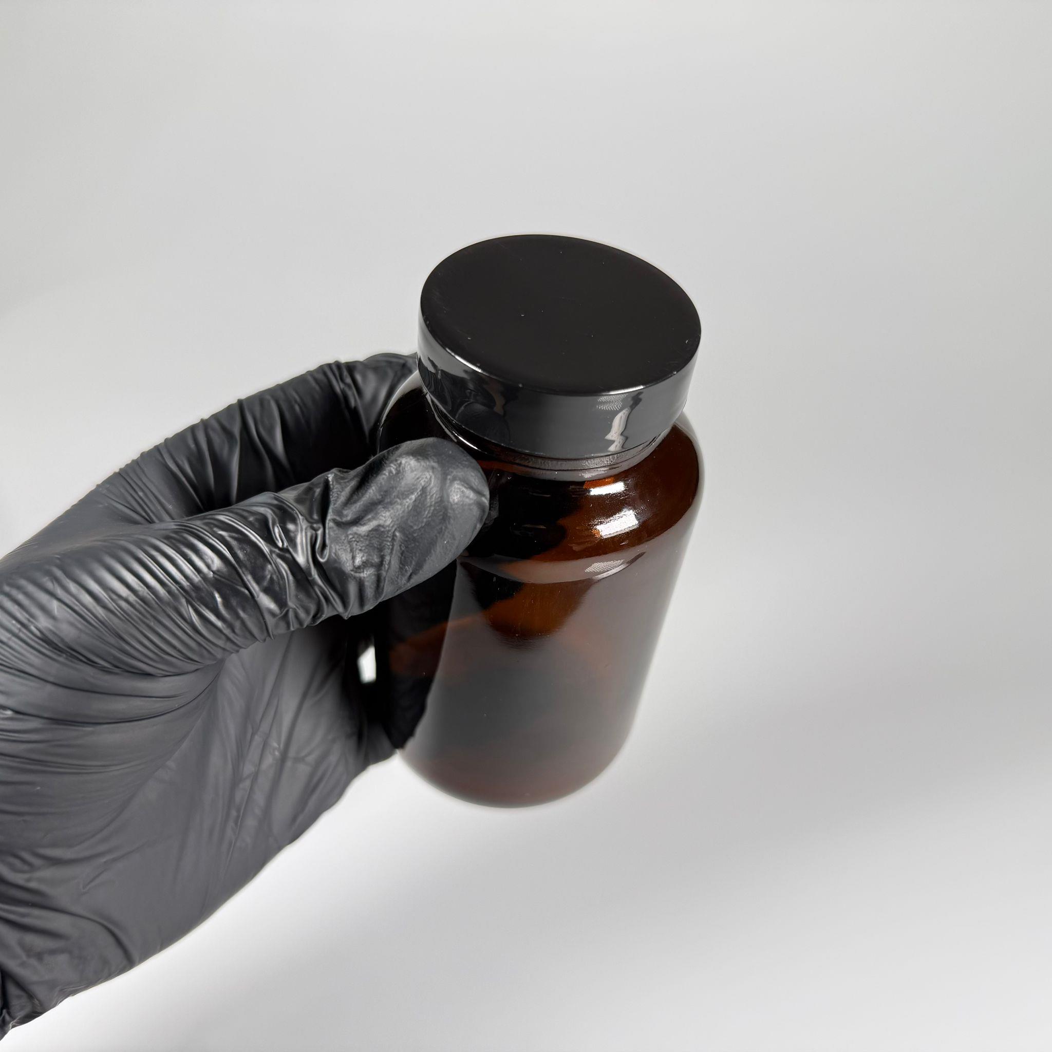 200 CC CAM KAHVERENGİ AMBER TABLET KAPSÜL ŞİŞESİ + 45 MM VİDALI SİYAH PLASTİK KAPAK