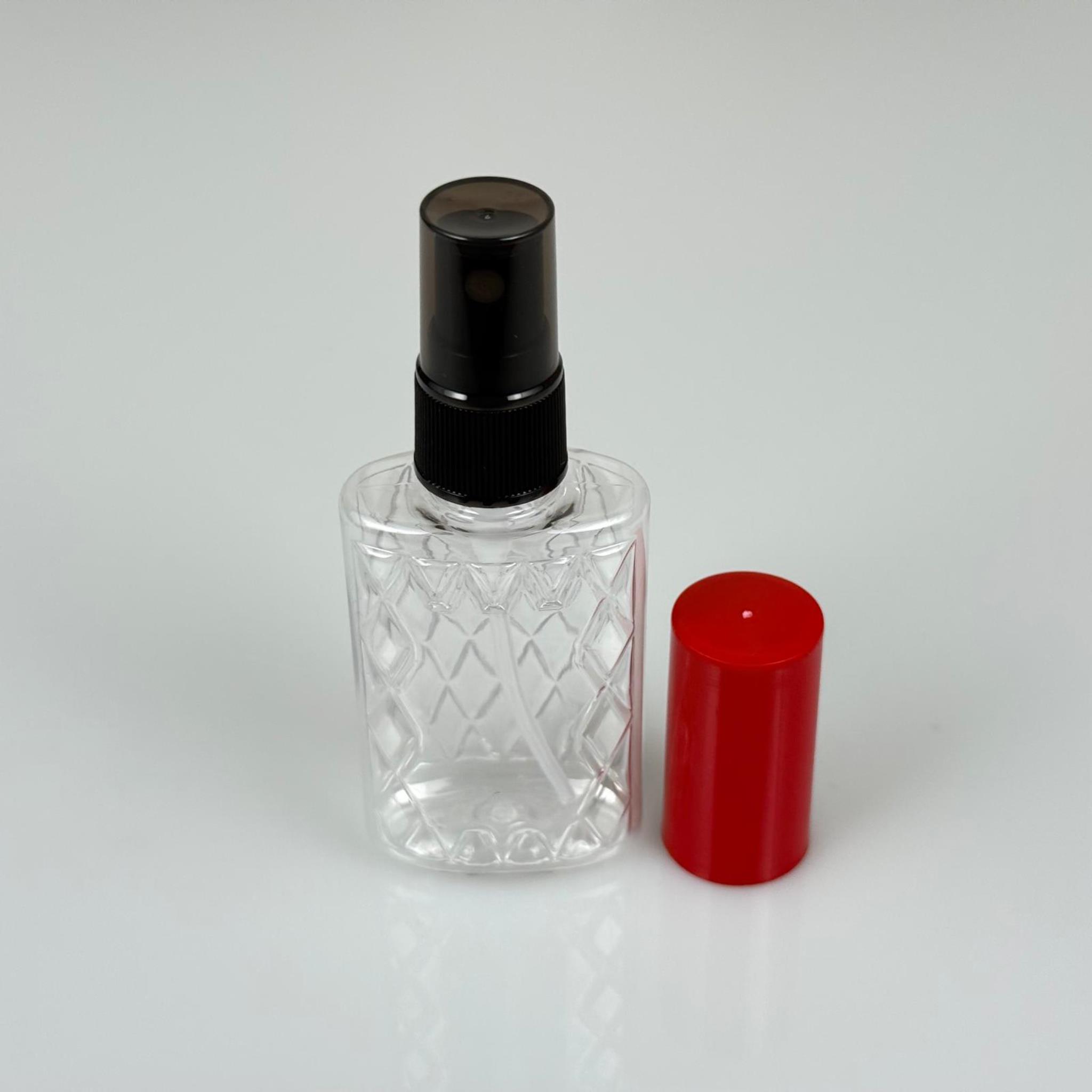 50 CC ŞEFFAF PET KÖŞELİ PARFÜM ŞİŞESİ - SİYAH SPREYLİ - KIRMIZI KORUMA KAPAKLI - 50 ML PLASTİK PARFÜM - KOLONYA ŞİŞESİ