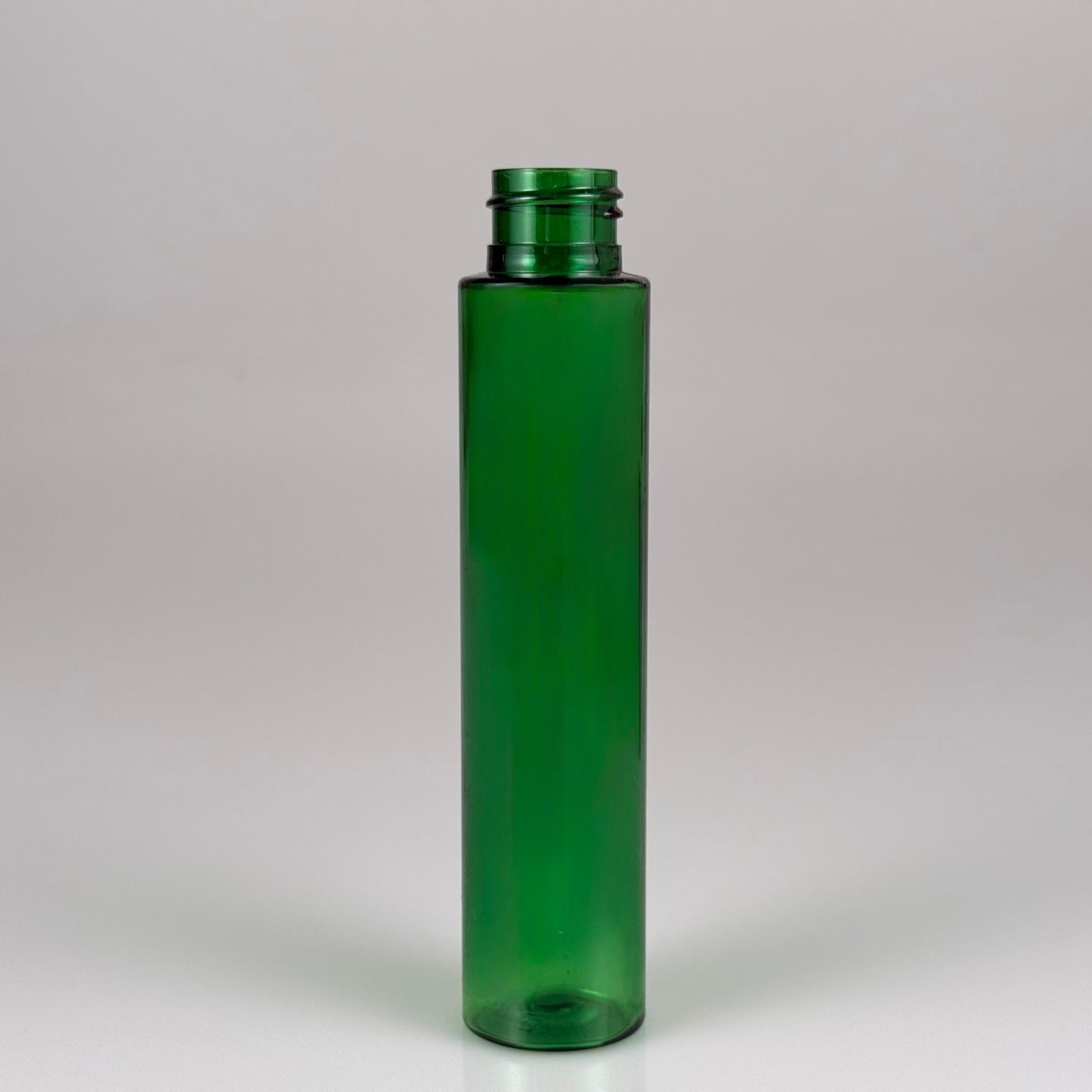 100 CC UZUN SİLİNDİR YEŞİL PET ŞİŞE (24 GR) - 24 MM AĞIZ KAPAKSIZ - 100 ML BİBERİYE SUYU, LAVANTA YAĞI, SAÇ SERUM, TONİK VB İÇİN PLASTİK KOZMETİK AMBALAJLARI