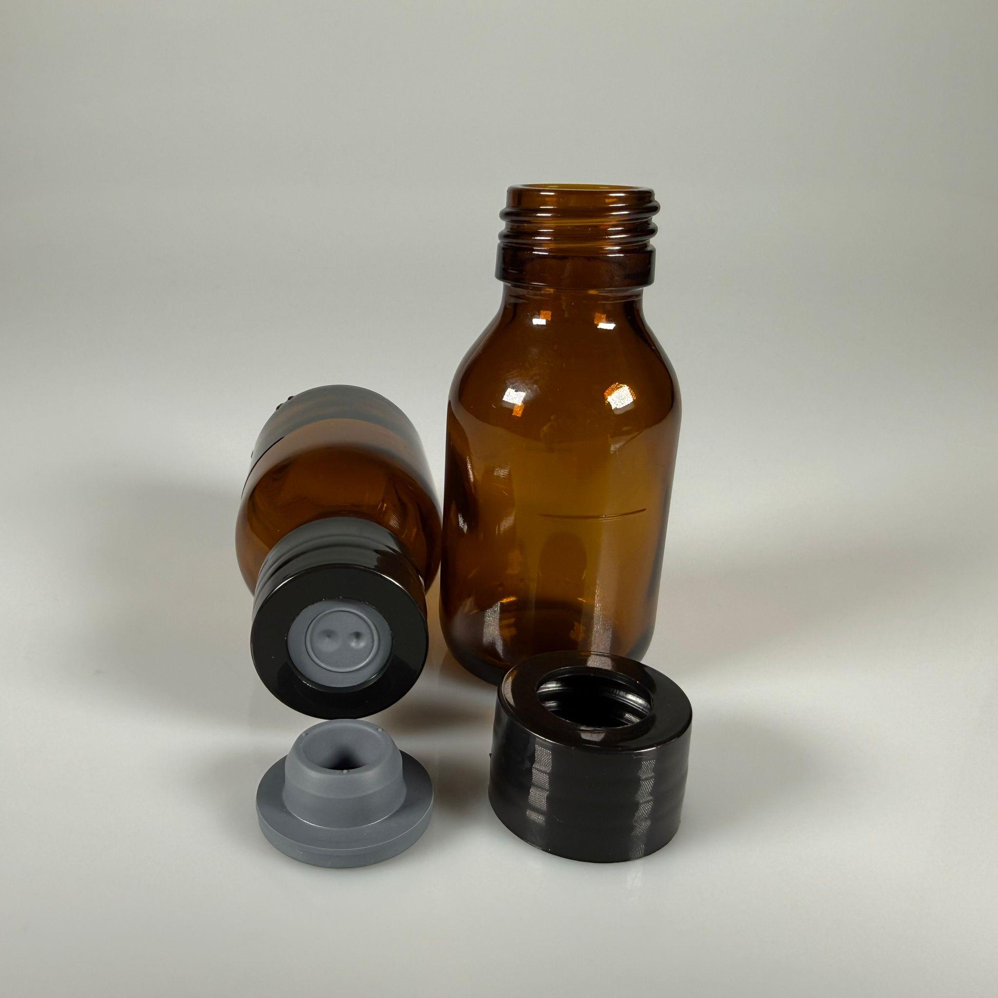 FLAKON ENJEKTÖR SERUM ŞİŞESİ - 50 ML AMBER ECZA CAM ŞİŞE + VİDALI DELİKLİ KAPAK (ELLE ÇEVİREREK KAPANIR) + KAUÇUK BUTİL TIPA TAKIM