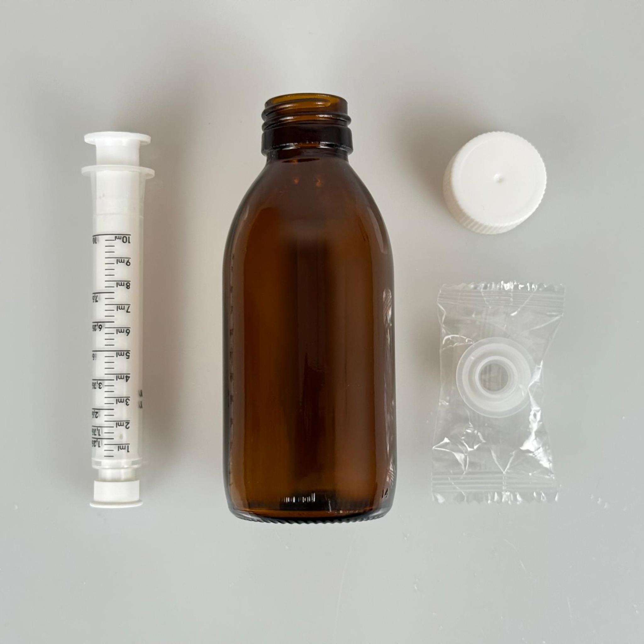 150 ML CAM ECZA ŞİŞESİ + 10 ML DOZAJ PİPETİ + DOZAJ TIPASI + CONTALI PLASTİK KAPAK TAKIM