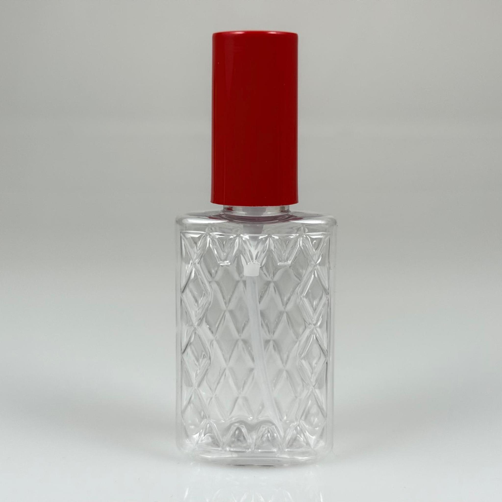 50 CC ŞEFFAF PET KÖŞELİ PARFÜM ŞİŞESİ - BEYAZ SPREYLİ - KIRMIZI KORUMA KAPAKLI - 50 ML PLASTİK PARFÜM - KOLONYA ŞİŞESİ