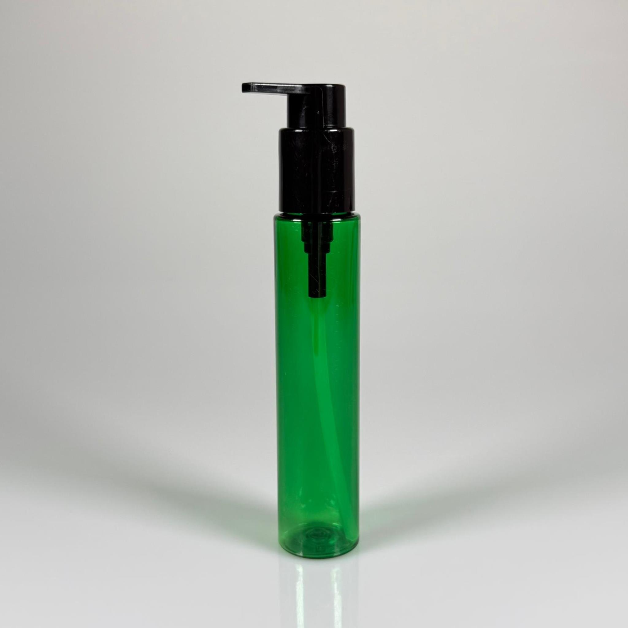 100 CC UZUN SİLİNDİR YEŞİL PET ŞİŞE (24 GR)  - SİYAH XAVİER POMPALI - 100 ML BİBERİYE SUYU, LAVANTA YAĞI, SAÇ SERUM, TONİK VB İÇİN PLASTİK KOZMETİK AMBALAJLARI