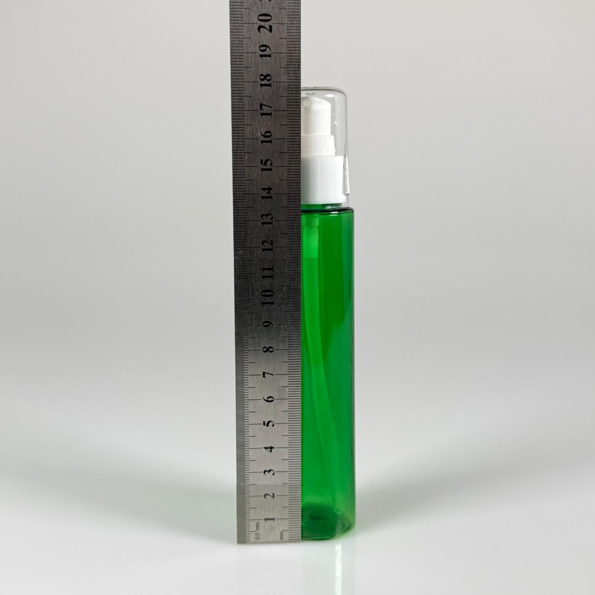 100 CC UZUN SİLİNDİR YEŞİL PET ŞİŞE (24 GR)  - BEYAZ LOSYON POMPALI - 100 ML BİBERİYE SUYU, LAVANTA YAĞI, SAÇ SERUM, TONİK VB İÇİN PLASTİK KOZMETİK AMBALAJLARI