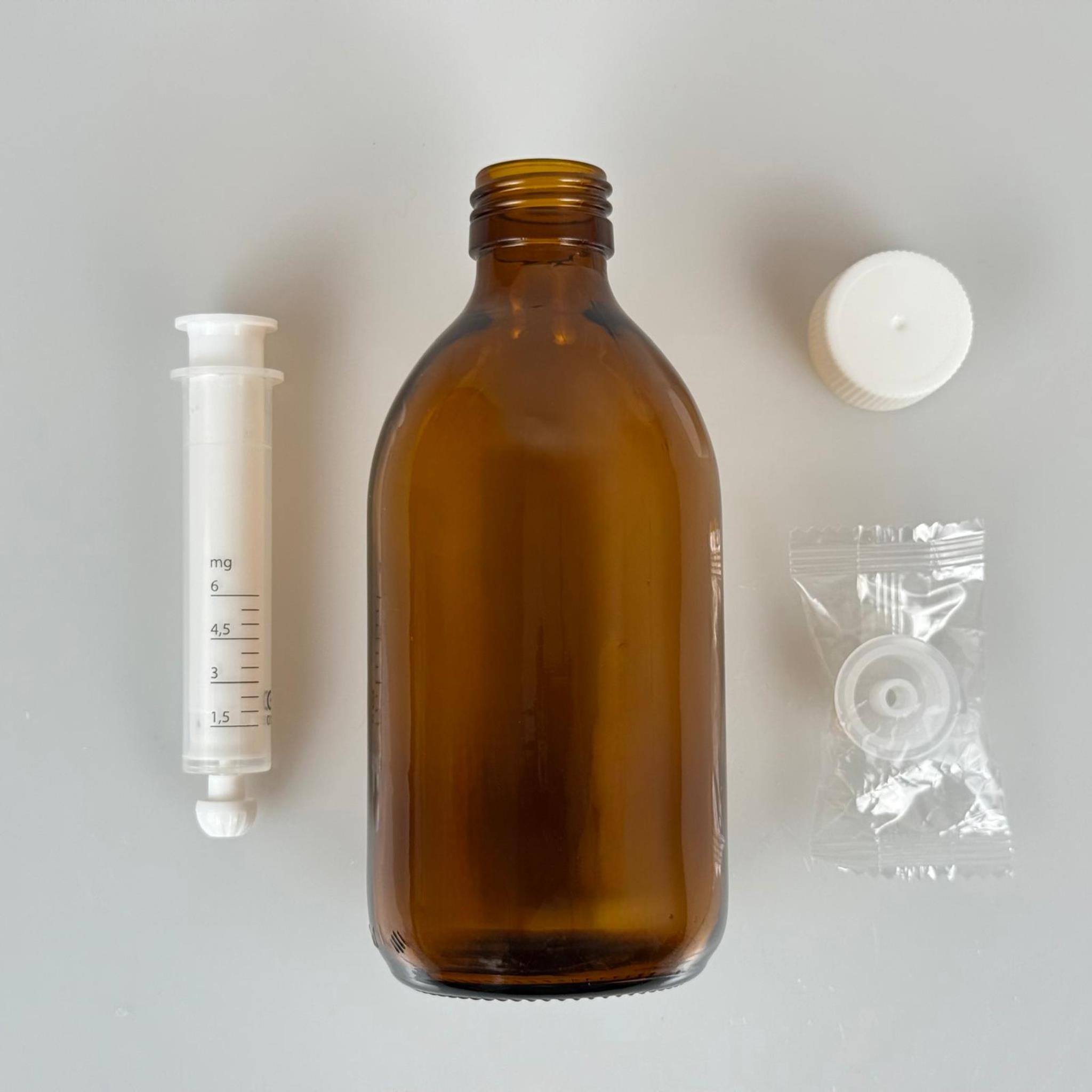 300 ML CAM ECZA ŞİŞESİ + 6 ML DOZAJ PİPETİ + DOZAJ TIPASI + CONTALI PLASTİK KAPAK TAKIM