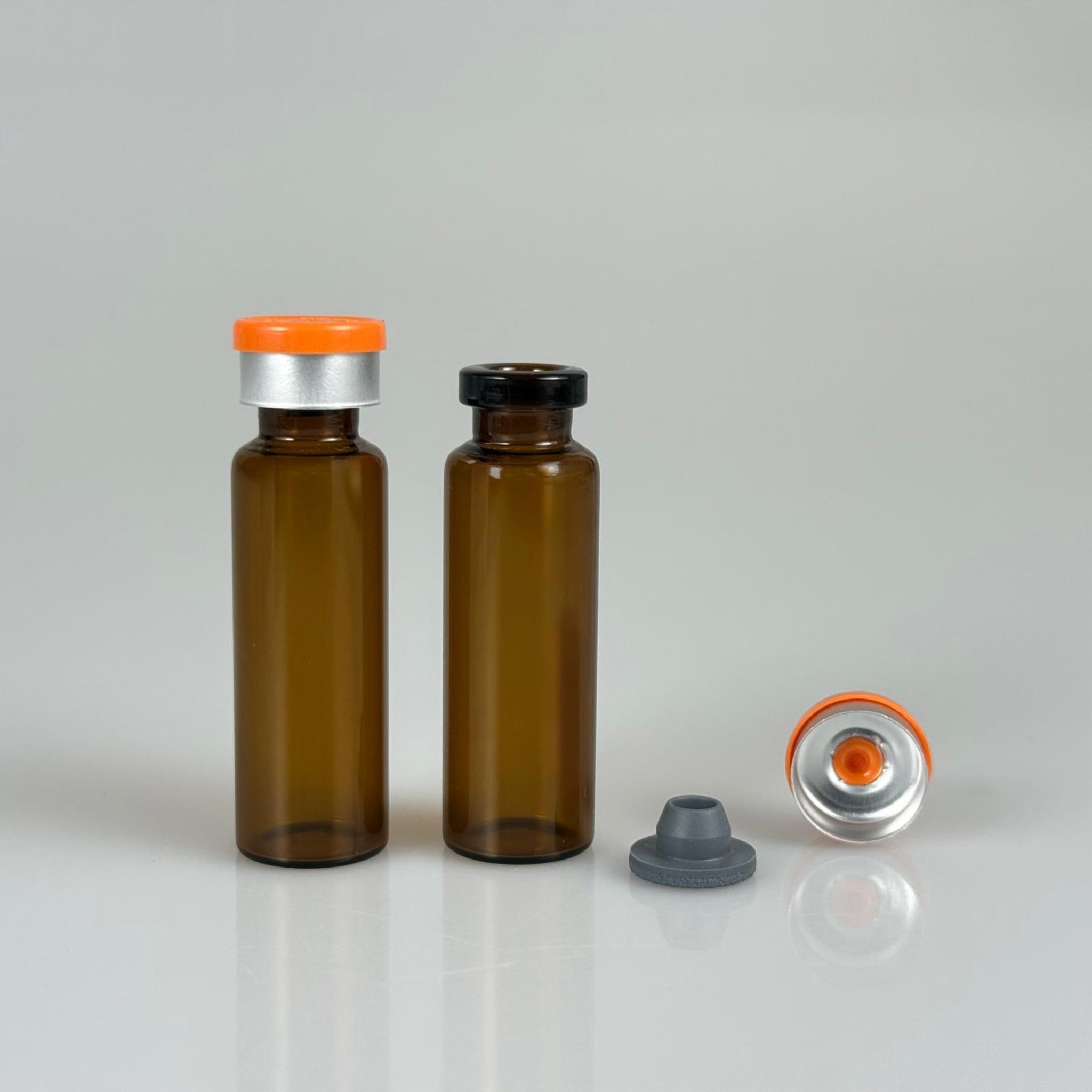5 ML VİAL FLAKON ŞİŞE- 13 AĞIZ 5 CC AMBER CAM İLAÇ ŞİŞESİ + KAUÇUK BUTİL ENJEKTÖR TIPASI + TURUNCU FLAKON KAPAKLI TAKIM