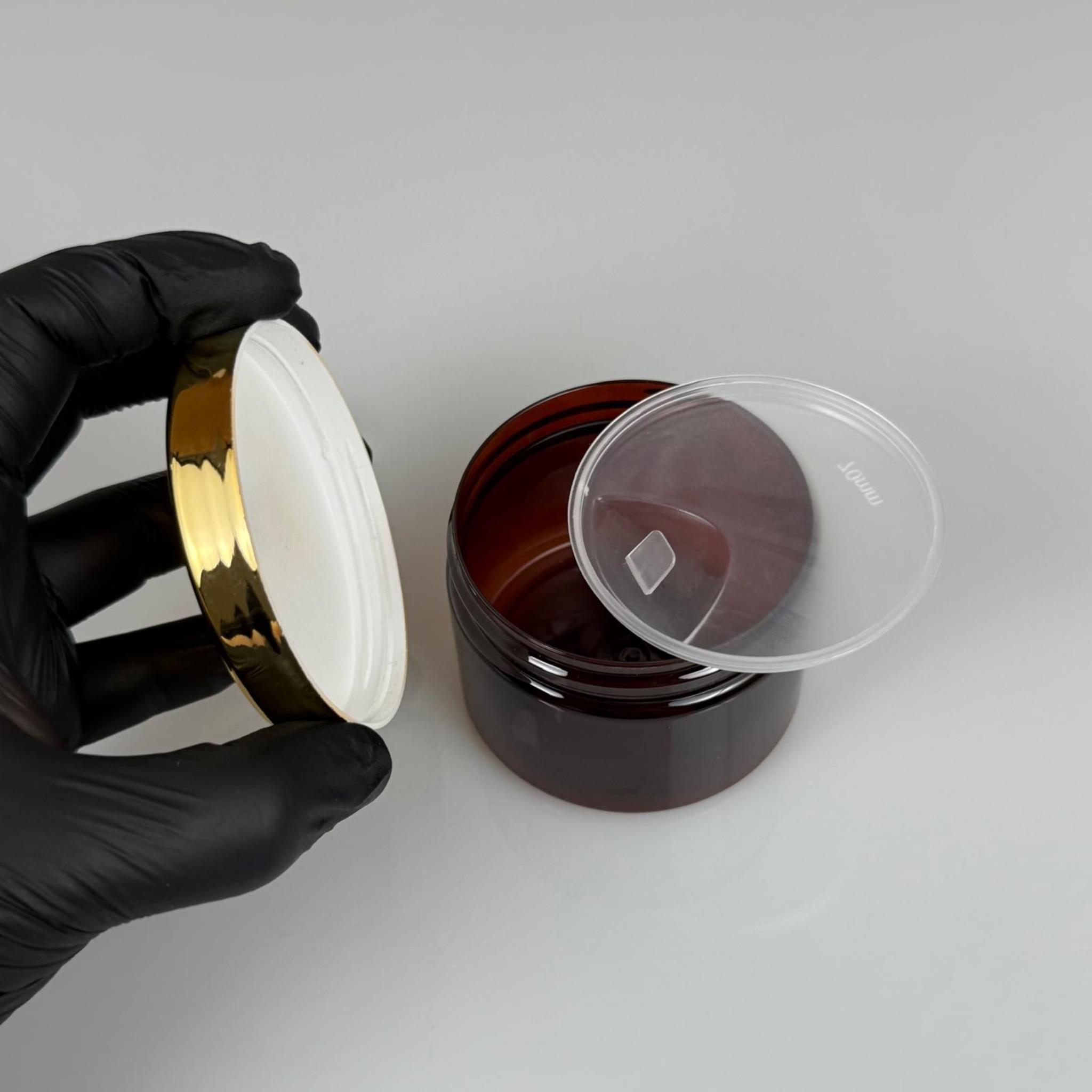 150 ML SERT PET KAVANOZ + GOLD KAPLAMALI PLASTİK KAPAK + İÇ TIPA - 150 CC KALIN AMBER PLASTİK KAVANOZ GOLD KAPLAMALI PLASTİK KAPAKLI İÇ TIPALI TAKIM - KREM KAVANOZLARI