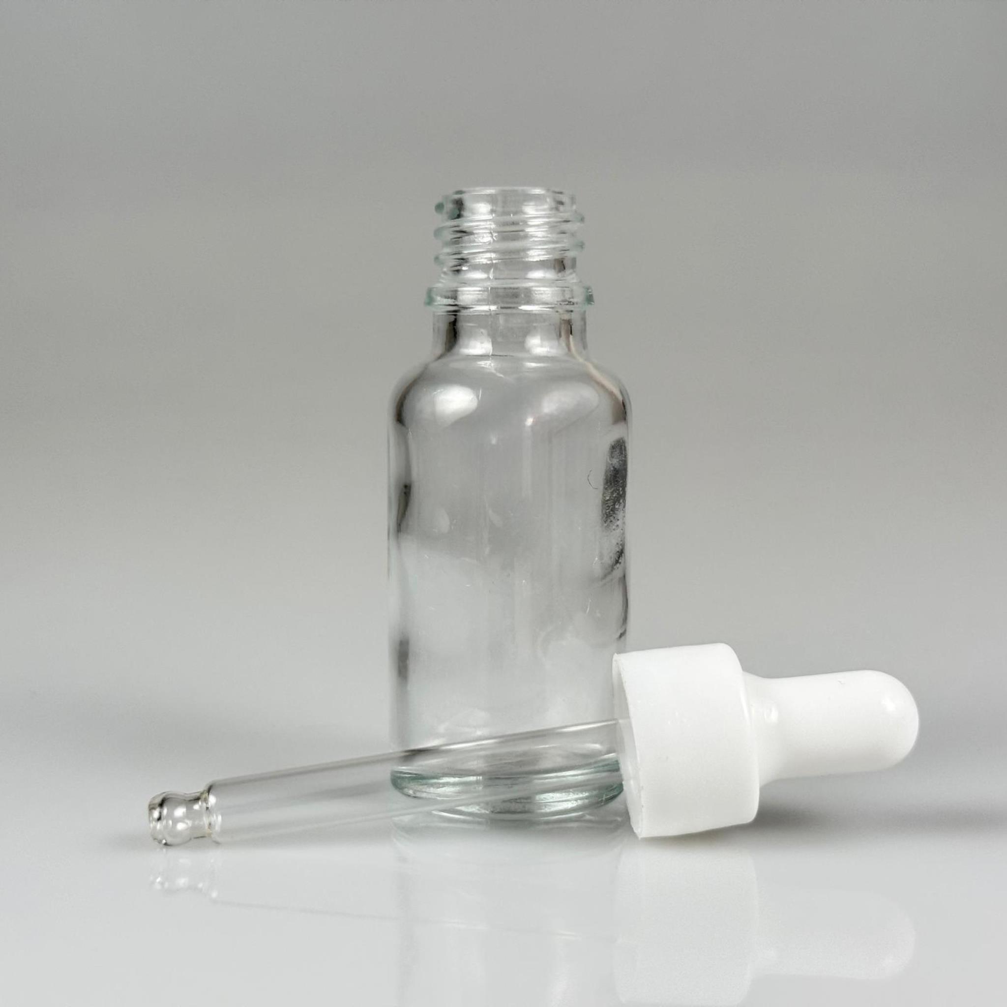 20 CC ŞEFFAF CAM DAMLALIKLI ŞİŞE - BEYAZ EMZİK + BEYAZ DÜZ KAPAK + CAM PİPET TAKIM - 20 ML DAMLALIKLI ŞİŞE SETİ