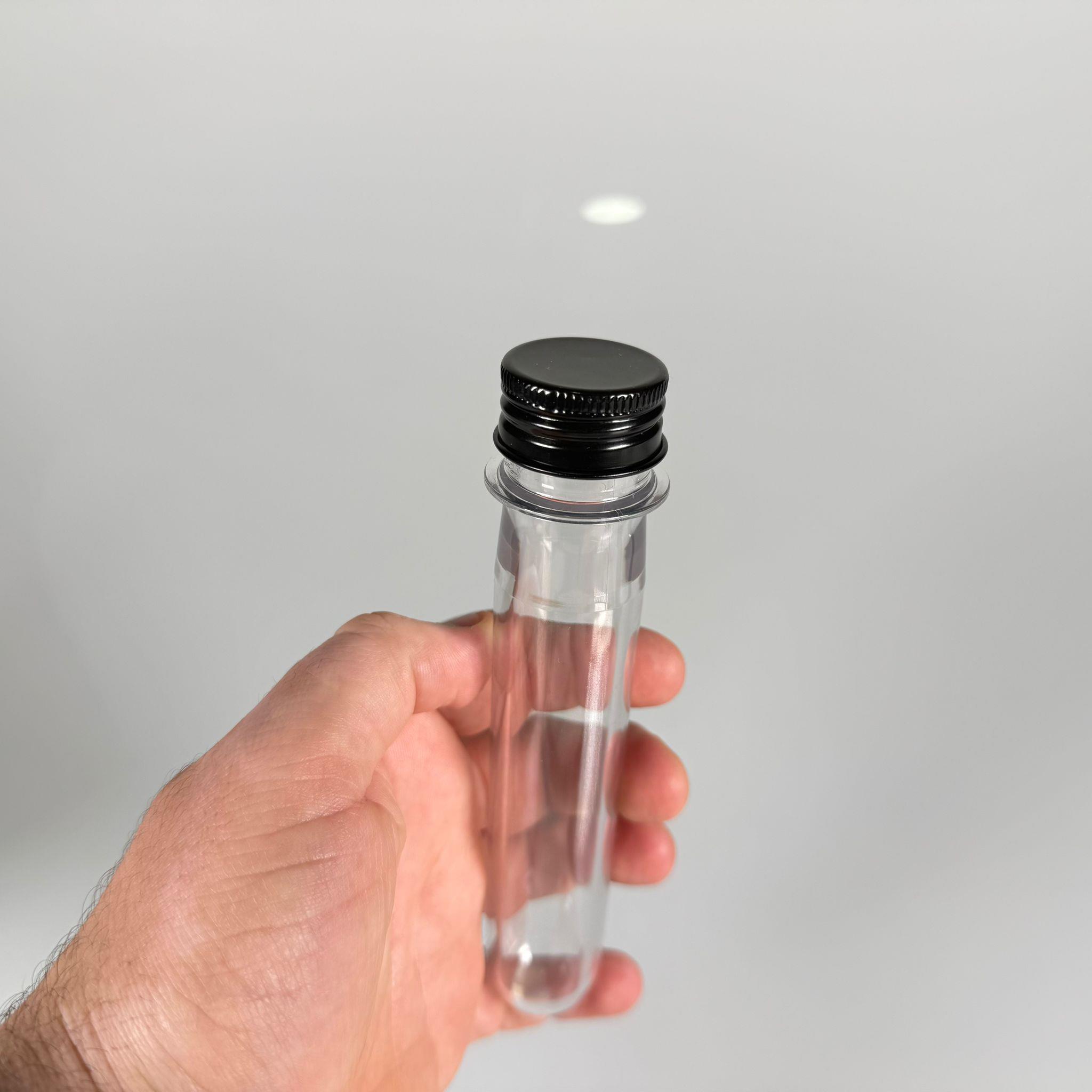 16 CM TÜP - 45 CC UZUN KALIN (51 GR) PET ŞİŞE  - CONTALI METAL SİYAH ALÜMİNYUM KAPAKLI  - VANİLYA ÇUBUĞU, BAHARAT, DENEY TÜPÜ, AYAKKABI BAĞCIĞI VB İÇİN PLASTİK TÜP