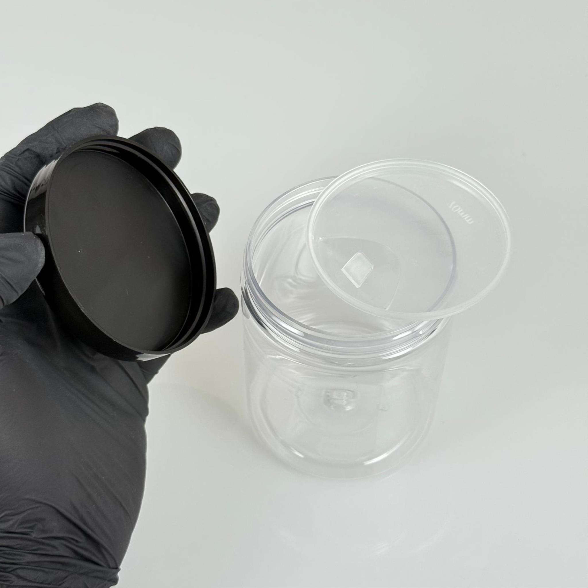 300 ML SERT PET KAVANOZ + SİYAH PLASTİK KAPAK + İÇ TIPA - 300 CC KALIN ŞEFFAF PLASTİK KAVANOZ SİYAH PLASTİK KAPAKLI İÇ TIPALI TAKIM - KREM KAVANOZLARI