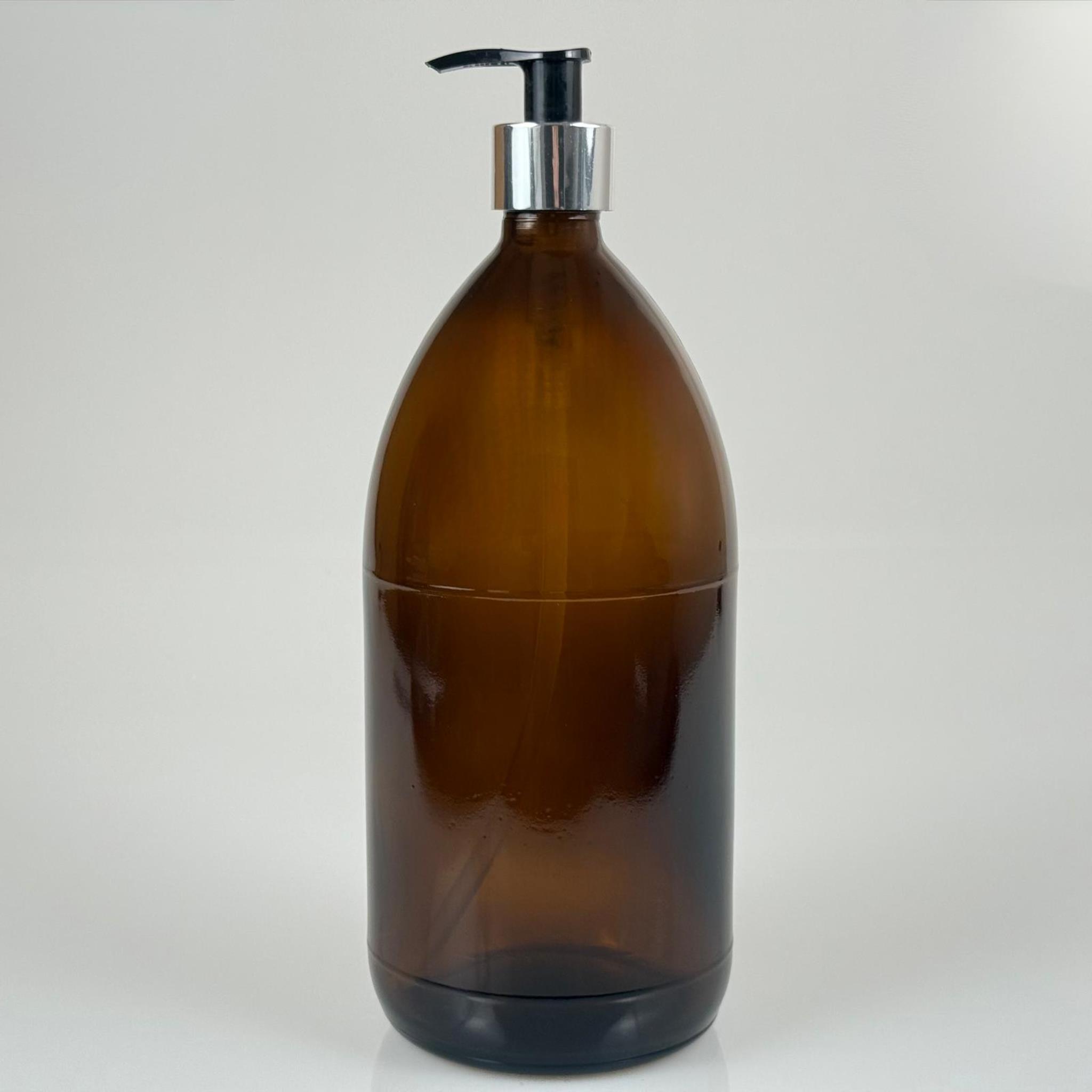 1000 CC AMBER TOMBUL ÖZEL SERİ CAM ŞİŞE - GÜMÜŞ METAL KAPLAMALI POMPALI - 1000 ML CAM ECZA ŞİŞESİ - KAHVERENGİ