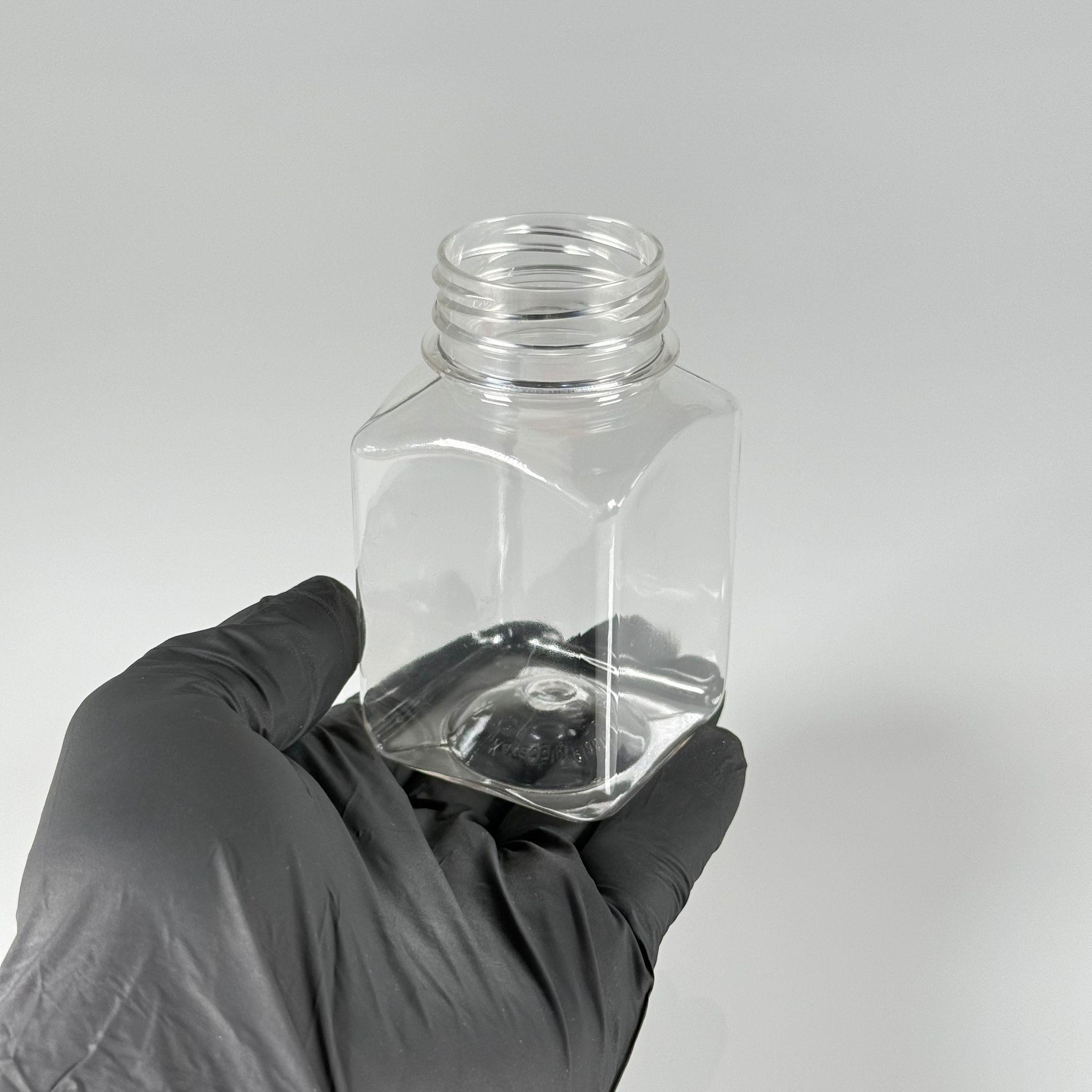 150 CC KÖŞELİ KARE PET ŞİŞE (15,6 GR) - 38 MM GENİŞ AĞIZLI KAPAKSIZ - 150 ML DETOX, MEYVE SUYU, SMOOTHIE, AYRAN, SÜT, MEŞRUBAT VB İÇİN BOŞ PLASTİK ŞİŞELER