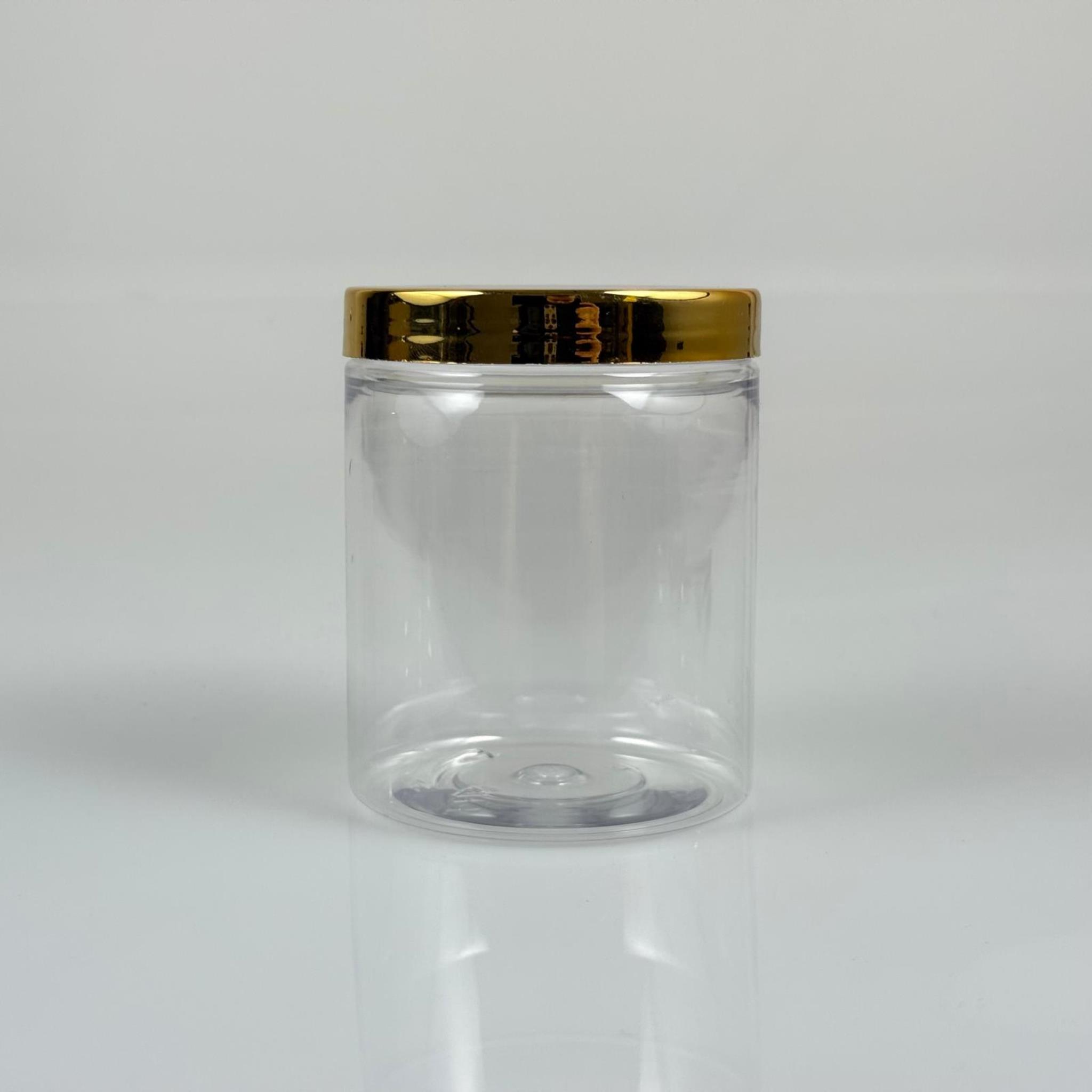 300 CC ŞEFFAF SERT PLASTİK KAVANOZ - GOLD KAPLAMALI PLASTİK KAPAKLI - 300 ML PLASTİK KREM KAVANOZU