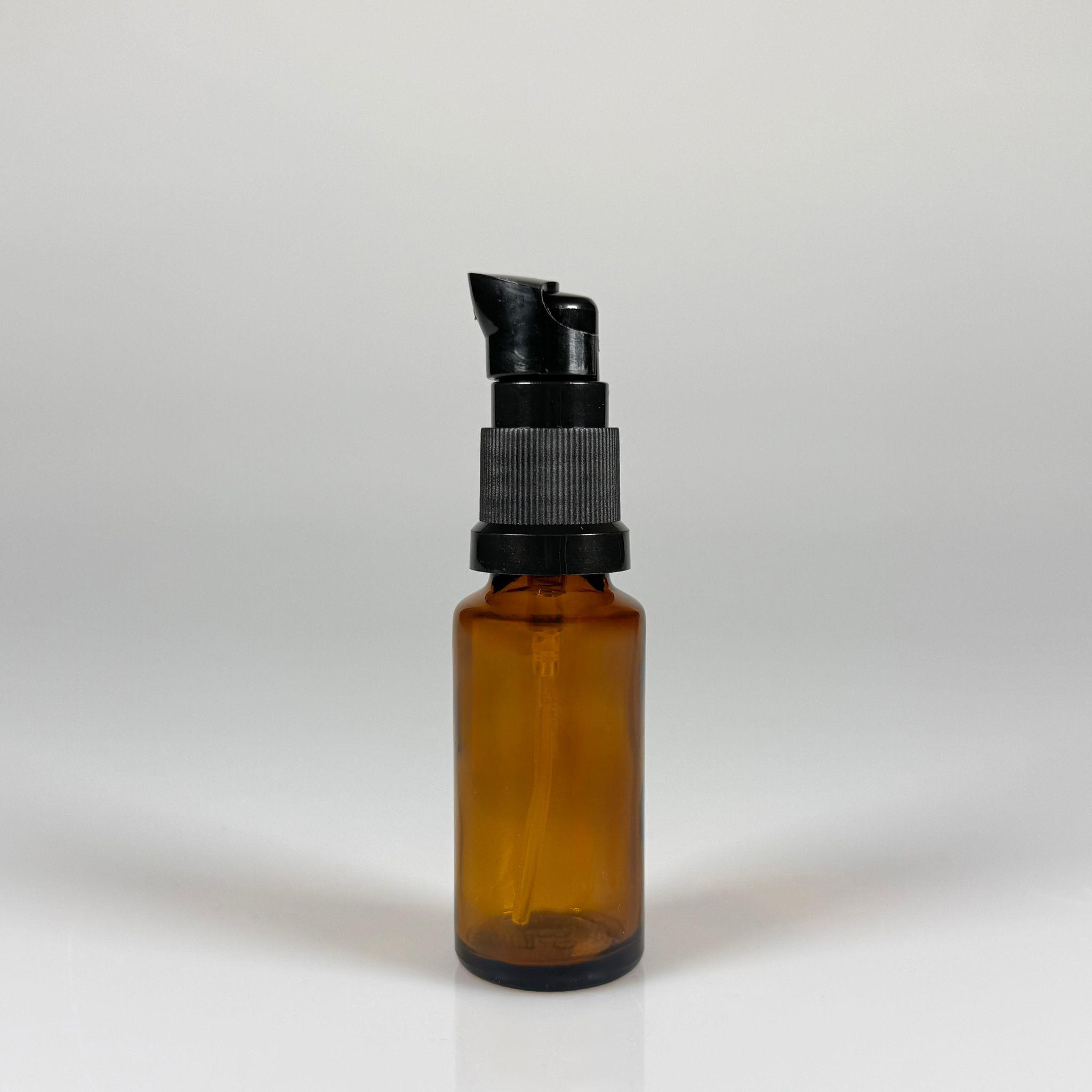 20 CC AMBER CAM ŞİŞE - SIZDIRMAZ ETEKLİ SİYAH LOSYON POMPALI TAKIM - 20 ML LOSYON ŞİŞESİ - YAĞ, KREM GİBİ YOĞUN KIVAMLI SIVILAR İÇİN CAM AMBALAJ