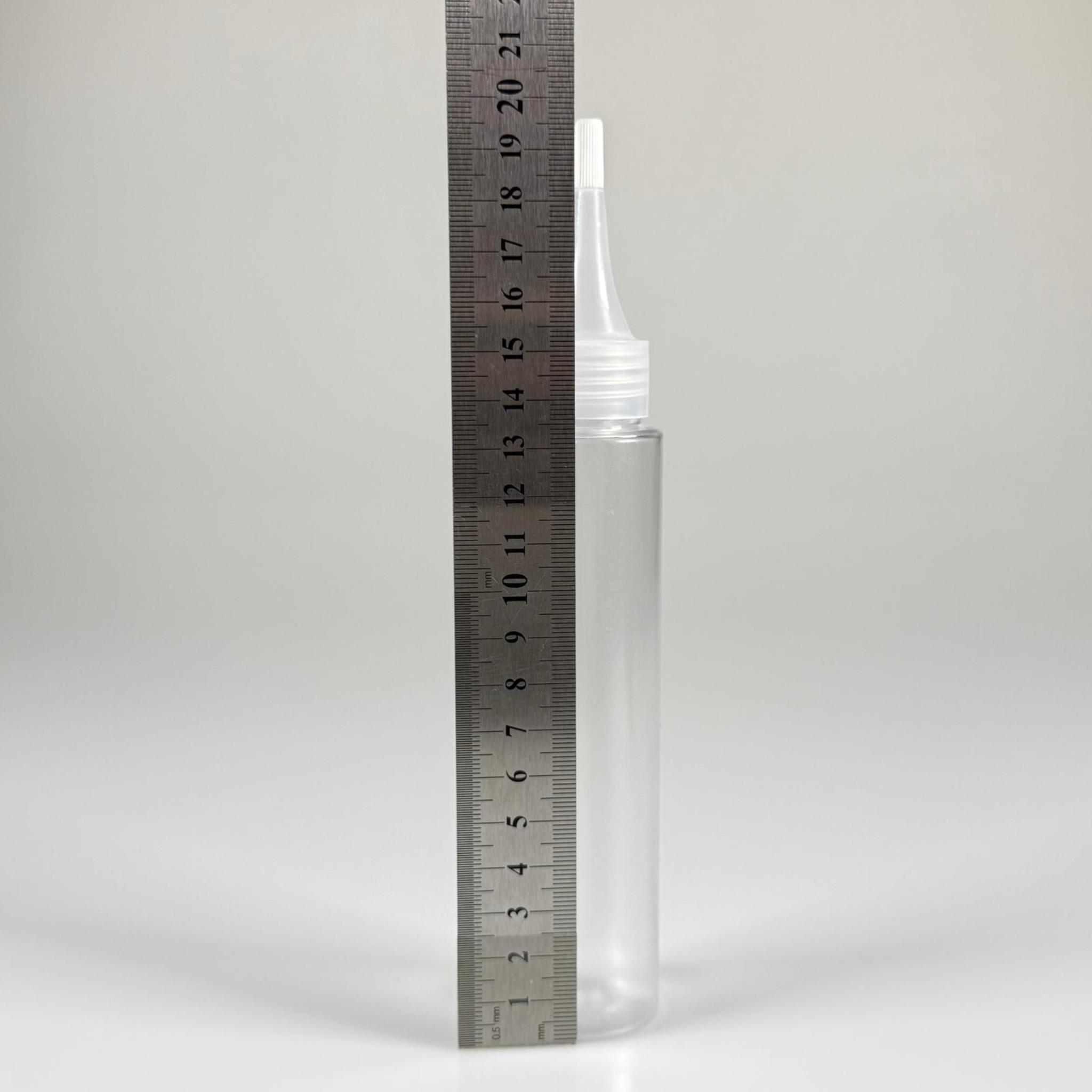 100 CC UZUN SİLİNDİR BUĞULU PET ŞİŞE (24 GR)  - ŞEFFAF SİVRİ AKITICI KAPAKLI - 100 ML BİBERİYE SUYU, LAVANTA YAĞI, SAÇ SERUM, TONİK VB İÇİN PLASTİK KOZMETİK AMBALAJLARI