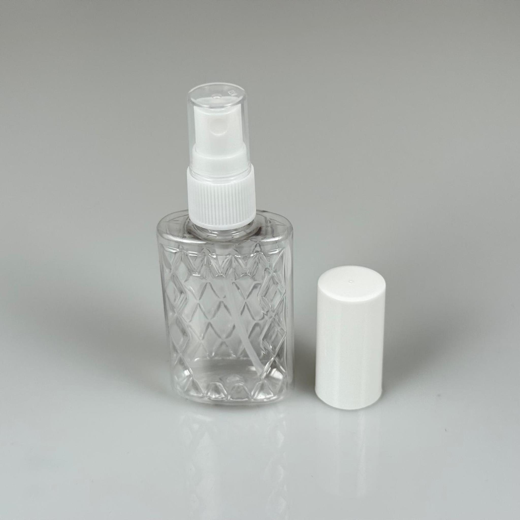 50 CC ŞEFFAF PET KÖŞELİ PARFÜM ŞİŞESİ - BEYAZ SPREYLİ - BEYAZ KORUMA KAPAKLI - 50 ML PLASTİK PARFÜM - KOLONYA ŞİŞESİ