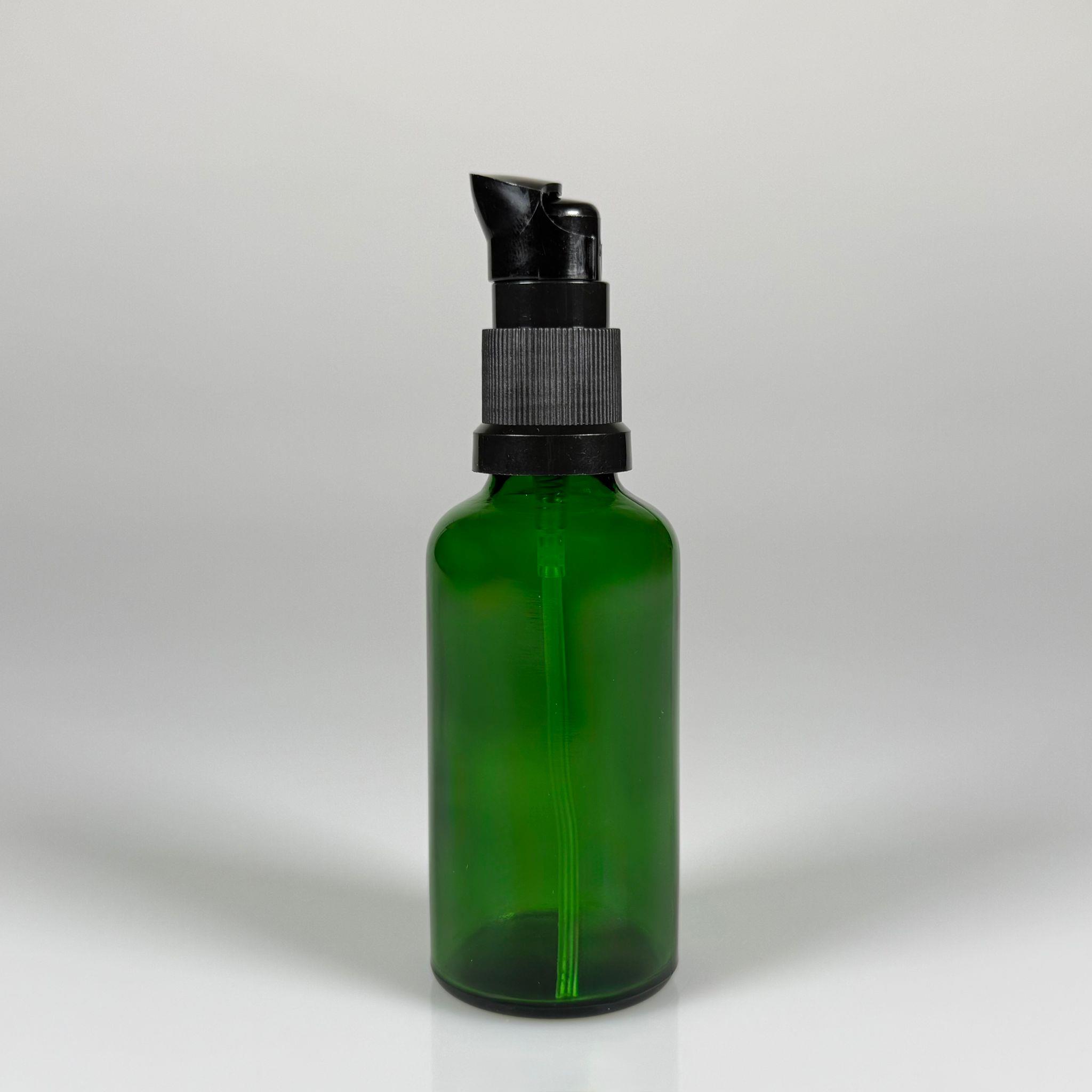 50 CC YEŞİL CAM ŞİŞE - SIZDIRMAZ ETEKLİ SİYAH LOSYON POMPALI TAKIM - 50 ML LOSYON ŞİŞESİ - YAĞ, KREM GİBİ YOĞUN KIVAMLI SIVILAR İÇİN CAM AMBALAJ