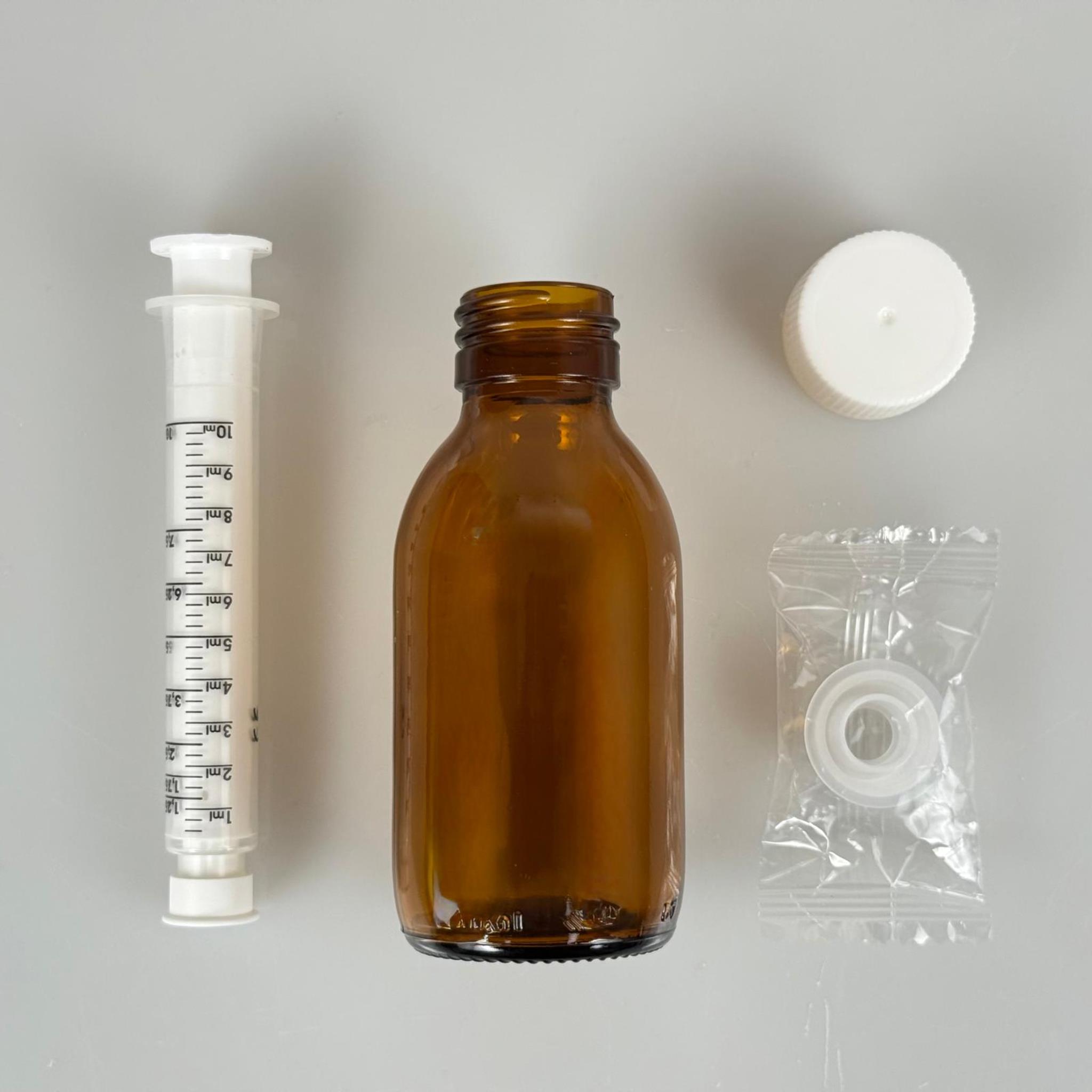 100 ML CAM ECZA ŞİŞESİ + 10 ML DOZAJ PİPETİ + DOZAJ TIPASI + CONTALI PLASTİK KAPAK TAKIM