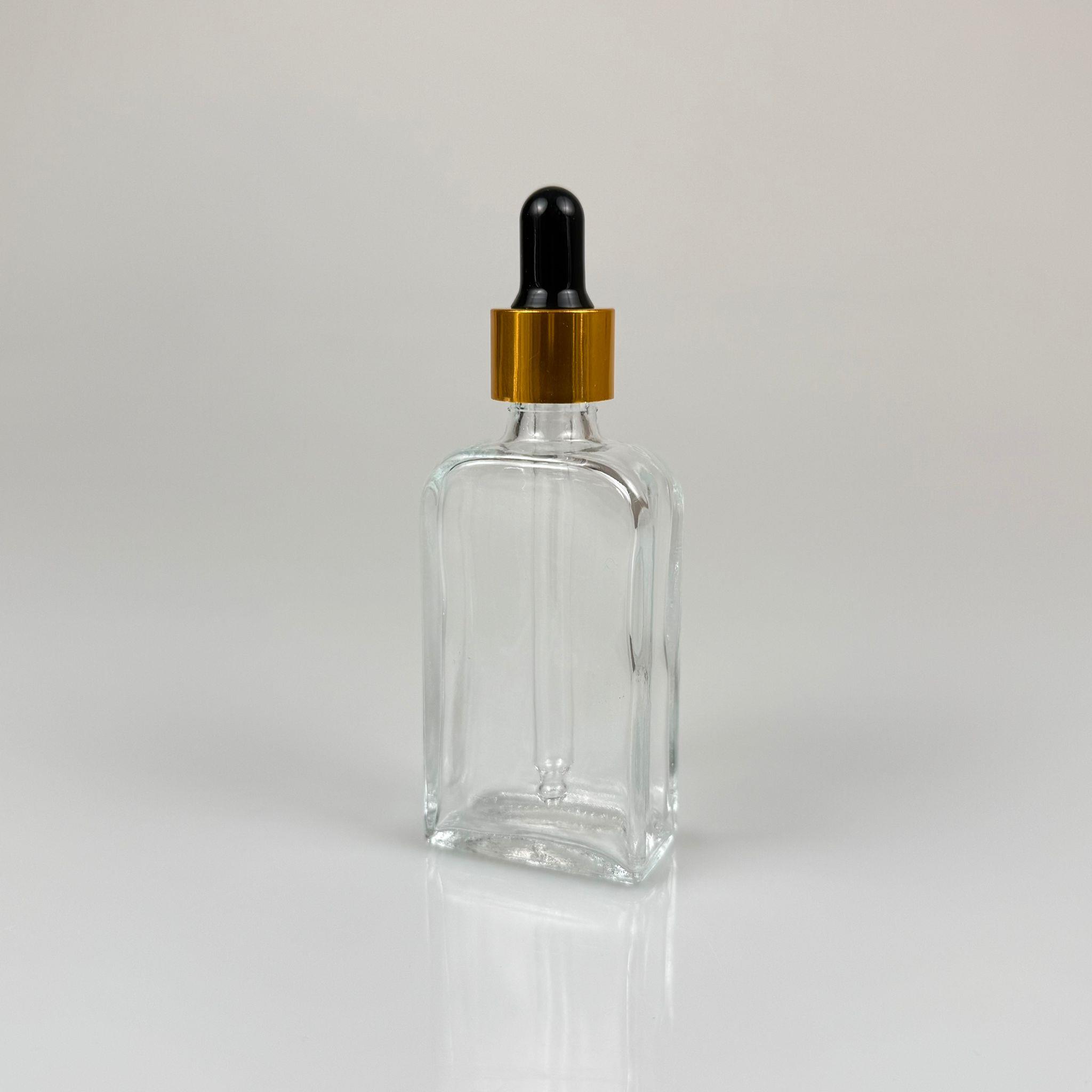 40 CC YASSI DİKDÖRTGEN PRESTİJLİ CAM DAMLALIKLI ŞİŞE - SİYAH EMZİK - GOLD METALİK KAPAK - 40 ML CAM DAMLALIKLI ŞİŞE - DAMLALIKLI BOŞ ŞİŞE