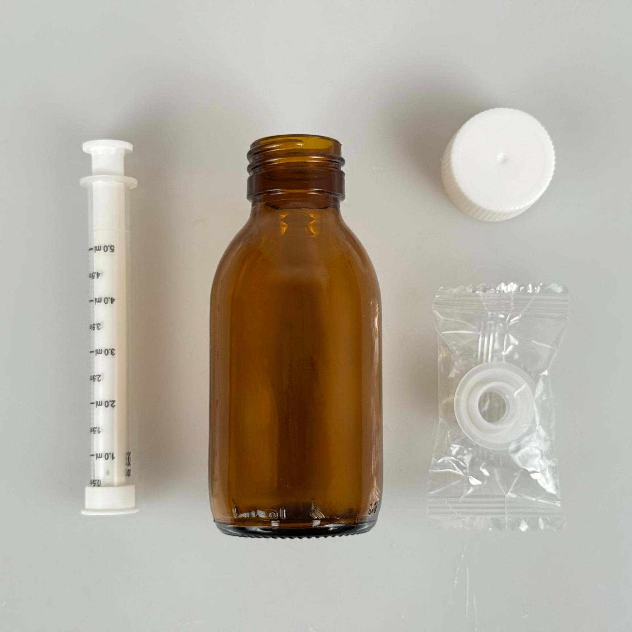 100 ML CAM ECZA ŞİŞESİ + 5 ML DOZAJ PİPETİ + DOZAJ TIPASI + CONTALI PLASTİK KAPAK TAKIM