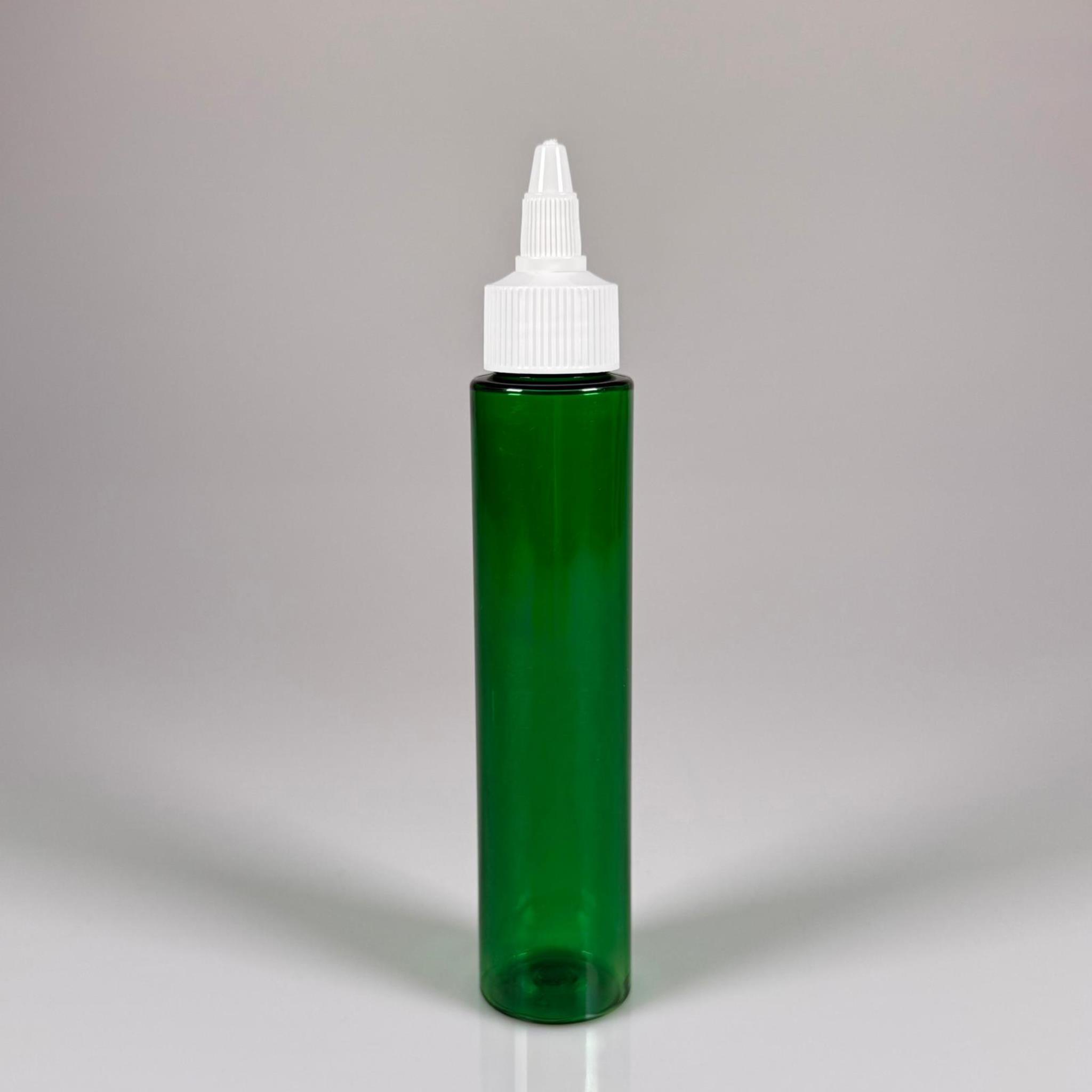 100 CC UZUN SİLİNDİR YEŞİL PET ŞİŞE (24 GR)  - BEYAZ TWİST SİVRİ ASANSÖR AKITICI KAPAKLI - 100 ML BİBERİYE SUYU, LAVANTA YAĞI, SAÇ SERUM, TONİK VB İÇİN PLASTİK KOZMETİK AMBALAJLARI