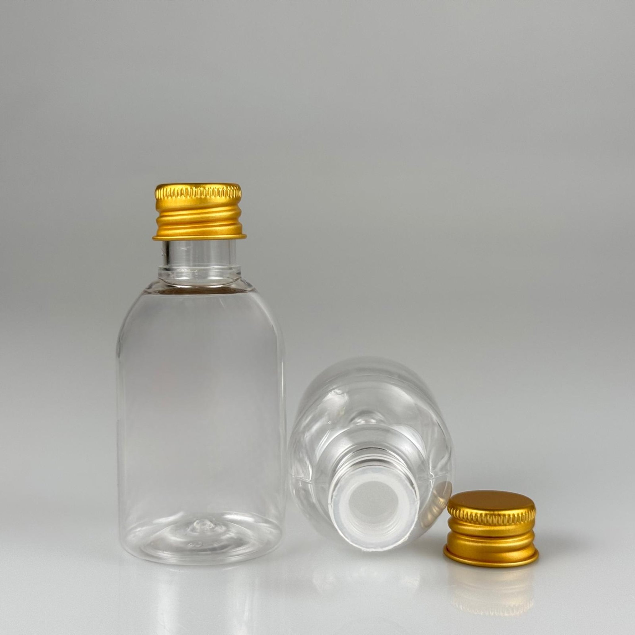 50  CC BUKLET PET ŞİŞE + KÖPÜK CONTALI GOLD ALÜMİNYUM METAL KAPAKLI + KÖR TIPALI TAKIM - 50 ML PLASTİK ŞİŞE